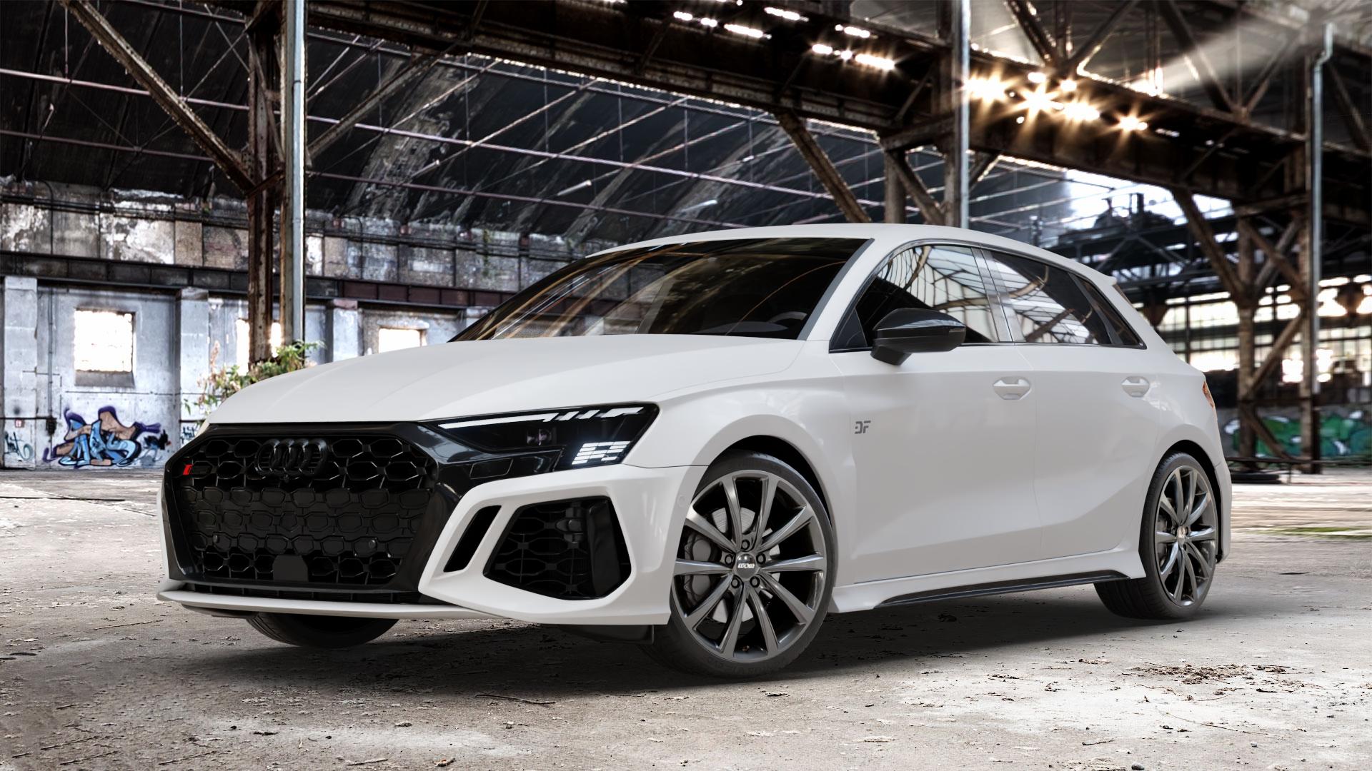 OXXO Liberty Dark Gunmetal Felge mit Reifen grau in 19Zoll Winterfelge Alufelge auf weissem Audi A3 Typ GY (Sportback) 2,5l TFSI quattro 294kW RS3 (400 PS) 299kW (407 ⬇️ mit 15mm Tieferlegung ⬇️ Old Industrial Hall_max_4400mm_2024 Frontansicht_1
