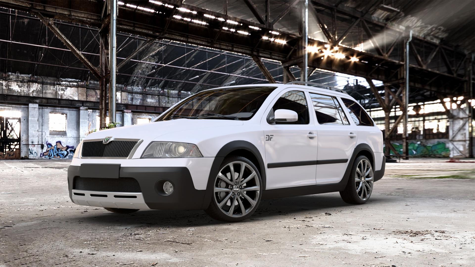 OXXO Liberty Dark gunmetal Felge mit Reifen grau in 19Zoll Winterfelge Alufelge auf weissem Skoda Octavia II Scout Typ 1Z ⬇️ mit 15mm Tieferlegung ⬇️ Old Industrial Hall_max_5300mm_2024 Frontansicht_1