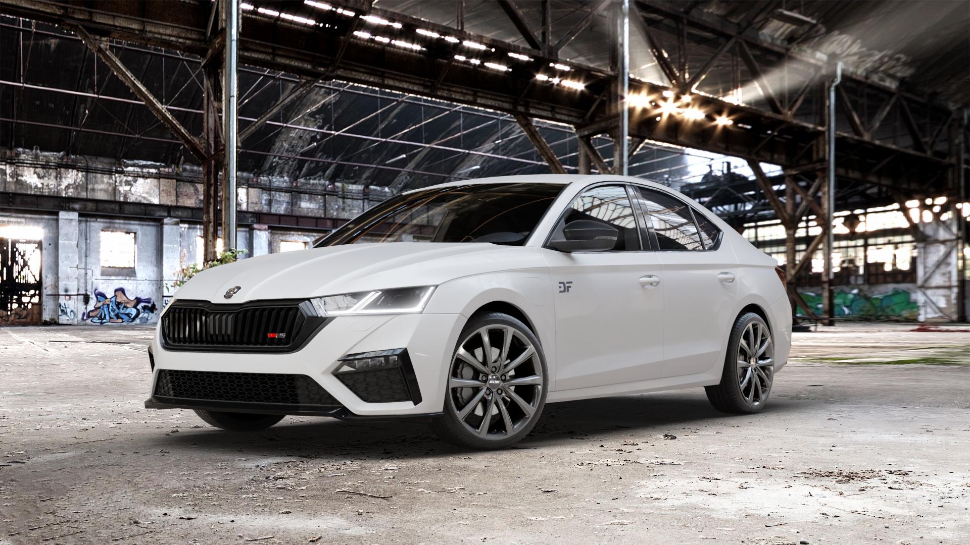 OXXO Liberty Dark gunmetal Felge mit Reifen grau in 19Zoll Winterfelge Alufelge auf weissem Skoda Octavia IV Limousine Typ NX 2,0l TDI 4x4 147kW (200 PS) TSI 180kW RS (245 1,4l 110kW Hybrid (150 ⬇️ mit 15mm Tieferlegung ⬇️ Old Industrial Hall_max_5300mm_2024 Frontansicht_1