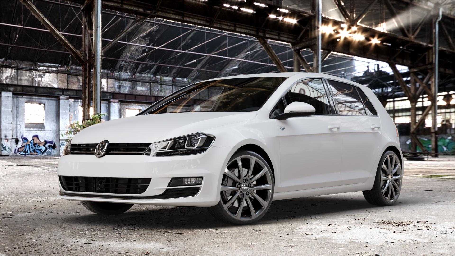 OXXO Liberty Dark gunmetal Felge mit Reifen grau in 19Zoll Winterfelge Alufelge auf weissem Volkswagen (VW) Golf 7 ⬇️ mit 15mm Tieferlegung ⬇️ Old Industrial Hall_max_4400mm_2024 Frontansicht_1