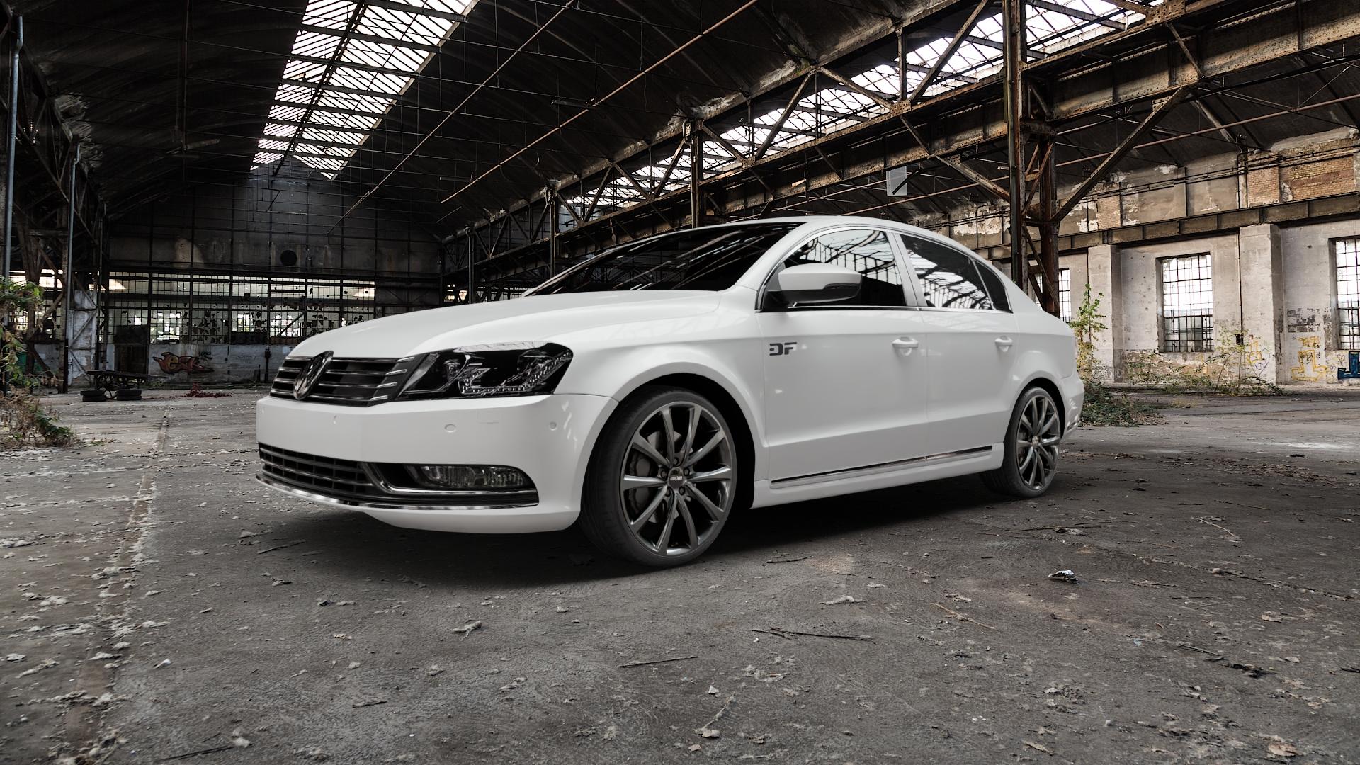 OXXO Liberty Dark gunmetal Felge mit Reifen grau in 19Zoll Winterfelge Alufelge auf weissem Volkswagen (VW) Passat 3C/B7 Limousine ⬇️ mit 15mm Tieferlegung ⬇️ Old Industrial Hall_max5000mm_2022 Frontansicht_1