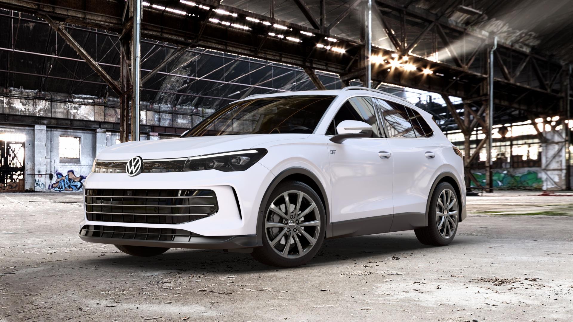 OXXO Liberty Dark gunmetal Felge mit Reifen grau in 19Zoll Winterfelge Alufelge auf weissem Volkswagen (VW) Tiguan III Typ CT ⬇️ mit 15mm Tieferlegung ⬇️ Old Industrial Hall_max_5300mm_2024 Frontansicht_1