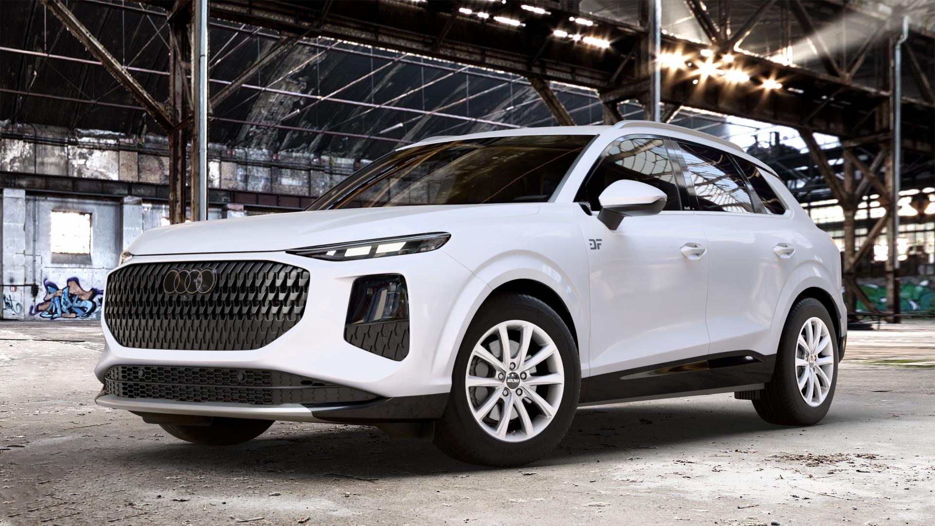 OXXO Liberty silver Felge mit Reifen silber in 17Zoll Winterfelge Alufelge auf weissem Audi Q3 III Typ FJ ⬇️ mit 15mm Tieferlegung ⬇️ Old Industrial Hall_max_4400mm_2024 Frontansicht_1