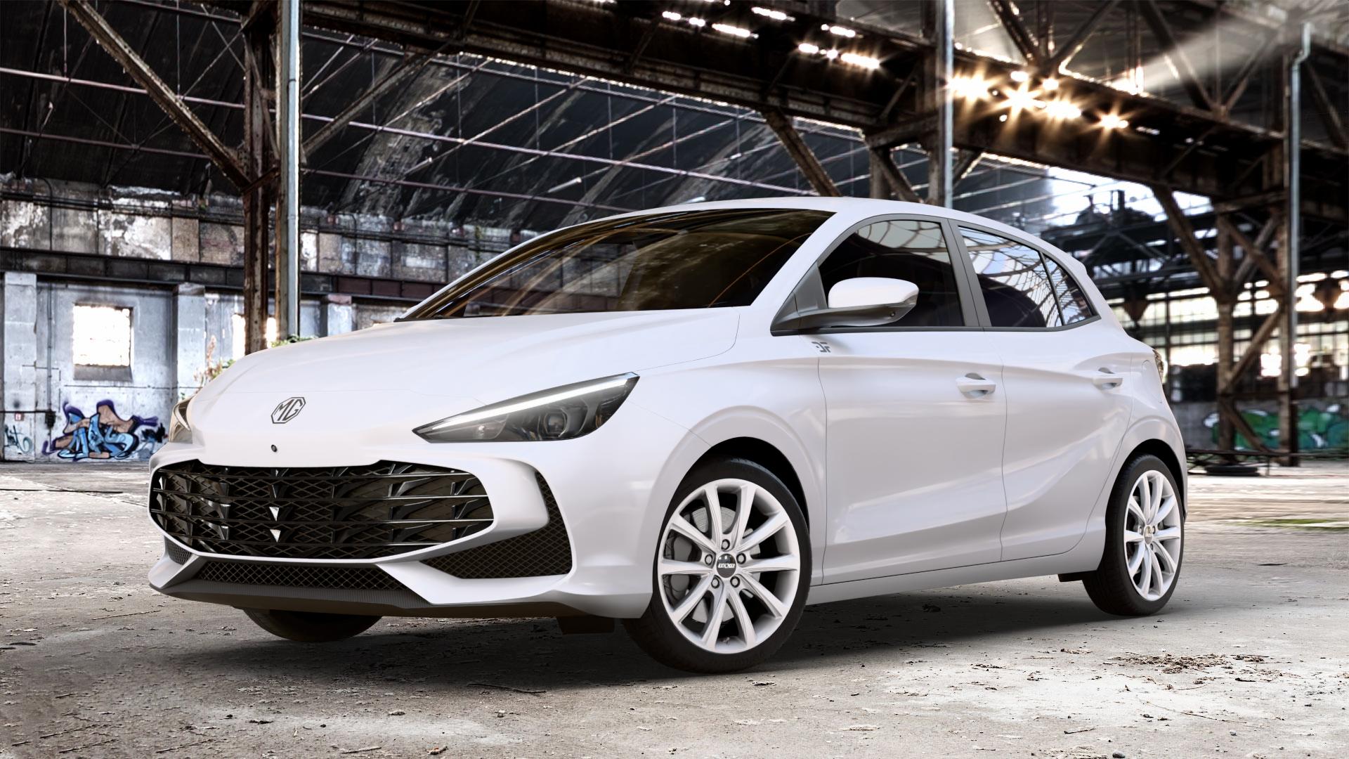 OXXO Liberty silver Felge mit Reifen silber in 17Zoll Winterfelge Alufelge auf weissem MG MG3 Typ ZP2A 1,5l 75kW Mild-Hybrid (102 PS) ⬇️ mit 15mm Tieferlegung ⬇️ Old Industrial Hall_max_4400mm_2024 Frontansicht_1