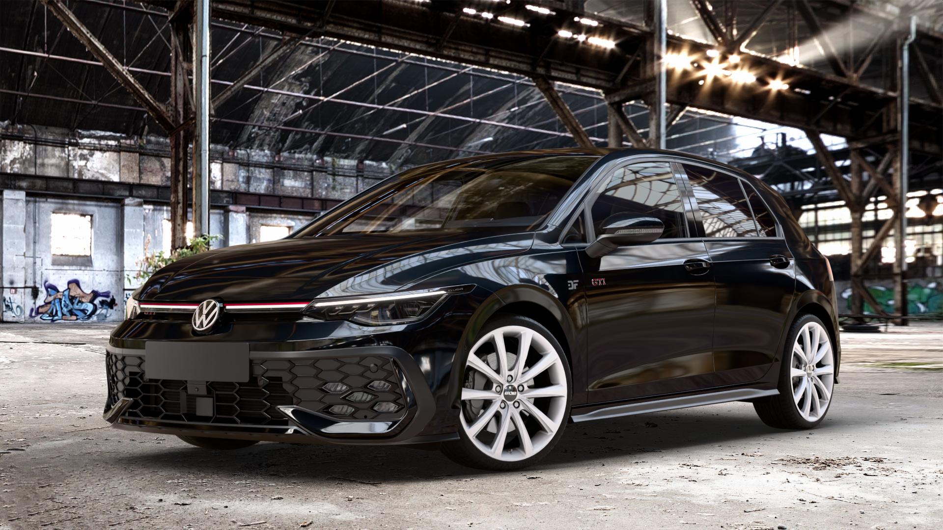 OXXO Liberty silver Felge mit Reifen silber in 19Zoll Winterfelge Alufelge auf metallic schwarzem Volkswagen (VW) Golf 8 Facelift 2,0l GTI 195kW (265 PS) ⬇️ mit 15mm Tieferlegung ⬇️ Old Industrial Hall_max_4400mm_2024 Frontansicht_1
