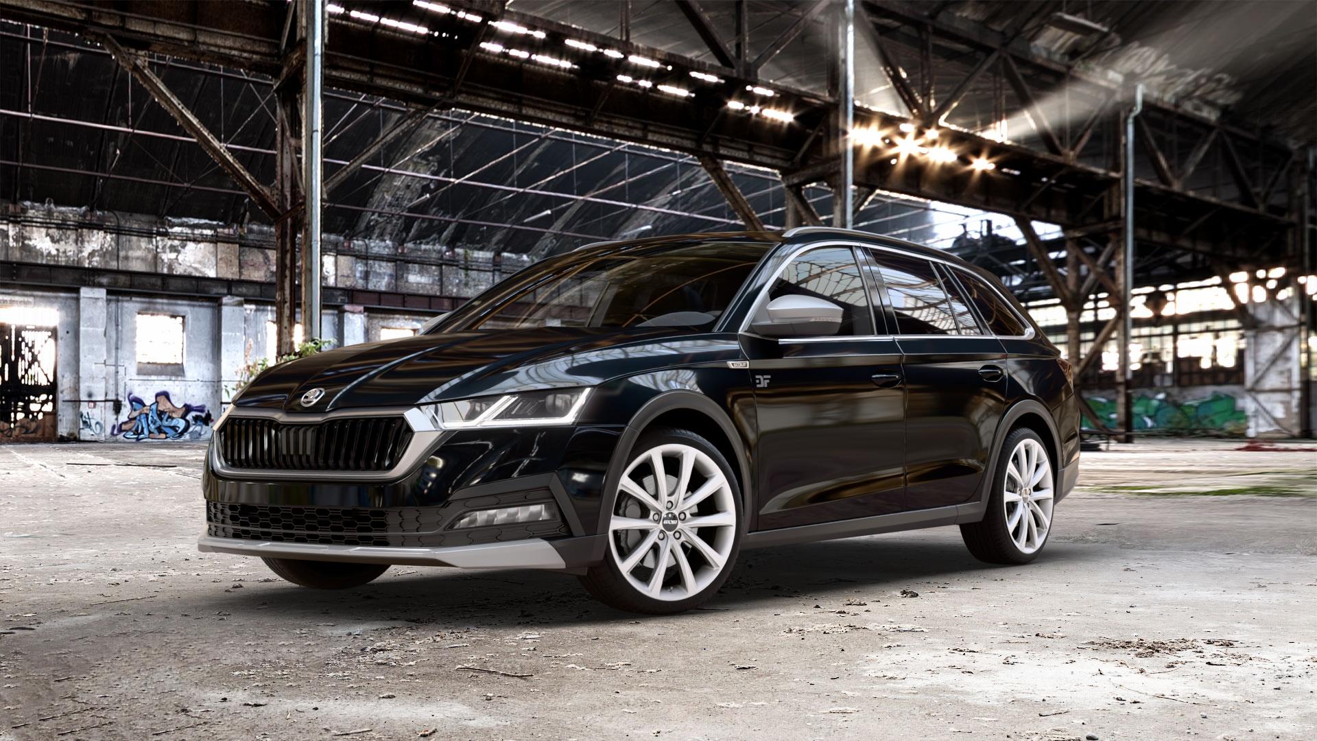 OXXO Liberty silver Felge mit Reifen silber in 19Zoll Winterfelge Alufelge auf schwarzem metallic Skoda Octavia IV Scout Typ NX ⬇️ mit 15mm Tieferlegung ⬇️ Old Industrial Hall_max_5300mm_2024 Frontansicht_1