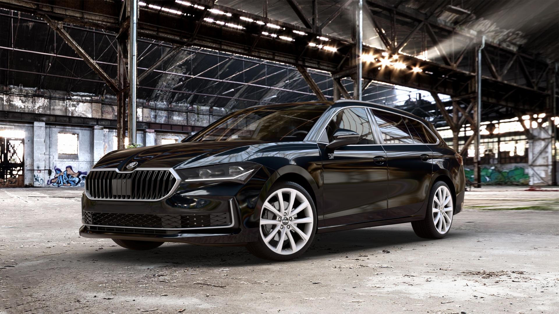 OXXO Liberty Silver Felge mit Reifen silber in 19Zoll Winterfelge Alufelge auf schwarzem metallic Skoda Superb IV Kombi Typ NZ 1,5l TSI 110kW Mild-Hybrid (150 PS) Hybrid 2,0l TDI 4x4 142kW (193 195kW (265 ⬇️ mit 15mm Tieferlegung ⬇️ Old Industrial Hall_max_5300mm_2024 Frontansicht_1