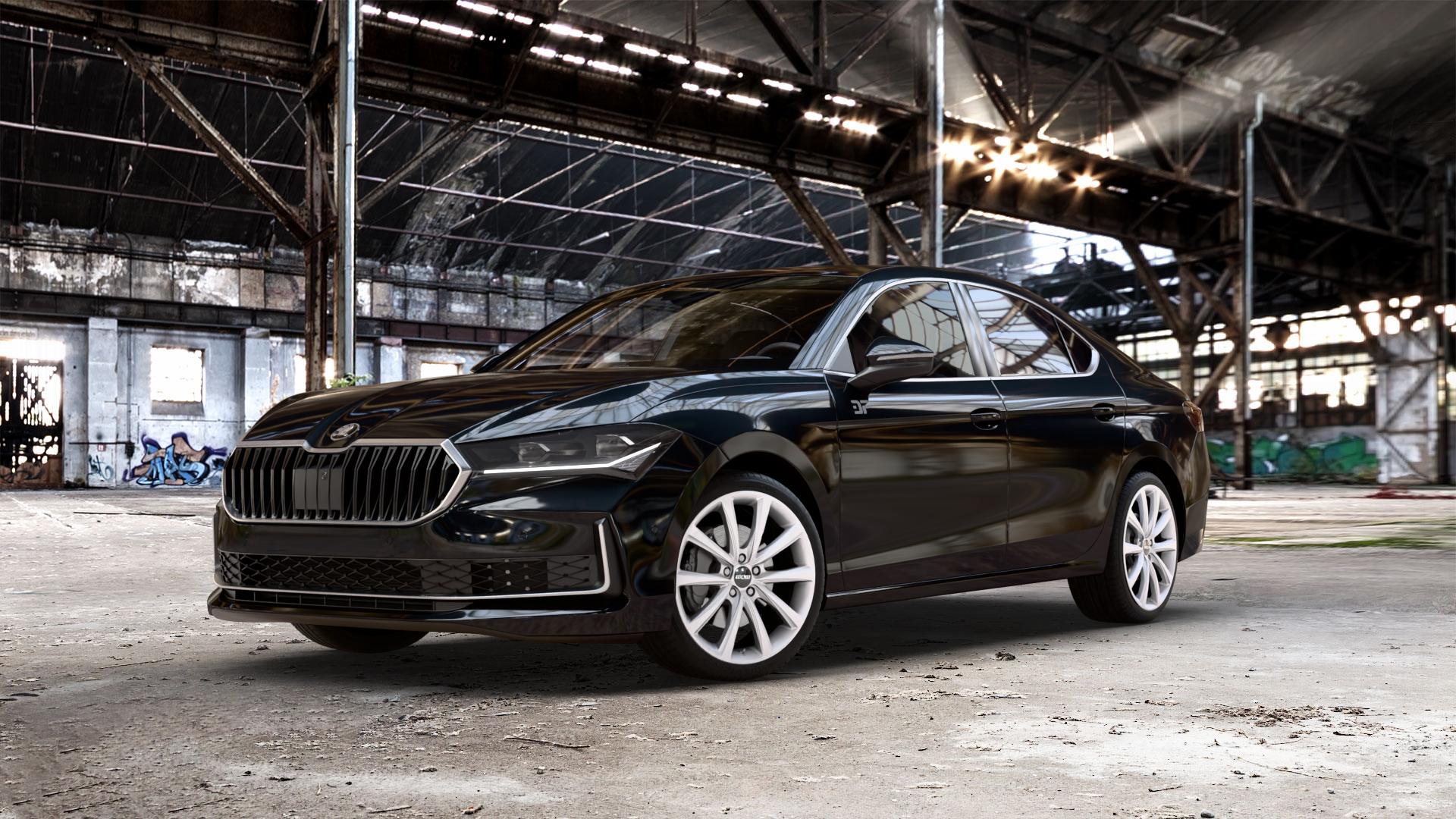 OXXO Liberty silver Felge mit Reifen silber in 19Zoll Winterfelge Alufelge auf schwarzem metallic Skoda Superb IV Typ NZ ⬇️ mit 15mm Tieferlegung ⬇️ Old Industrial Hall_max_5300mm_2024 Frontansicht_1