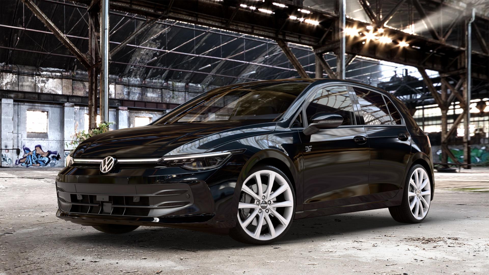 OXXO Liberty Silver Felge mit Reifen silber in 19Zoll Winterfelge Alufelge auf schwarzem Volkswagen (VW) Golf 8 Facelift ⬇️ mit 15mm Tieferlegung ⬇️ Old Industrial Hall_max_4400mm_2024 Frontansicht_1