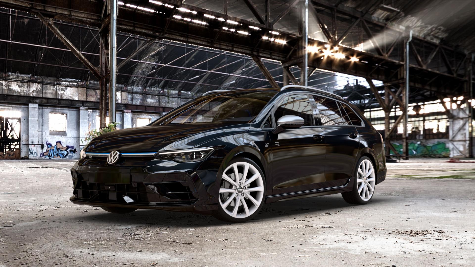 OXXO Liberty silver Felge mit Reifen silber in 19Zoll Winterfelge Alufelge auf schwarzem Volkswagen (VW) Golf 8 Variant Facelift 2,0l R 4Motion 245kW (333 PS) ⬇️ mit 15mm Tieferlegung ⬇️ Old Industrial Hall_max_5300mm_2024 Frontansicht_1