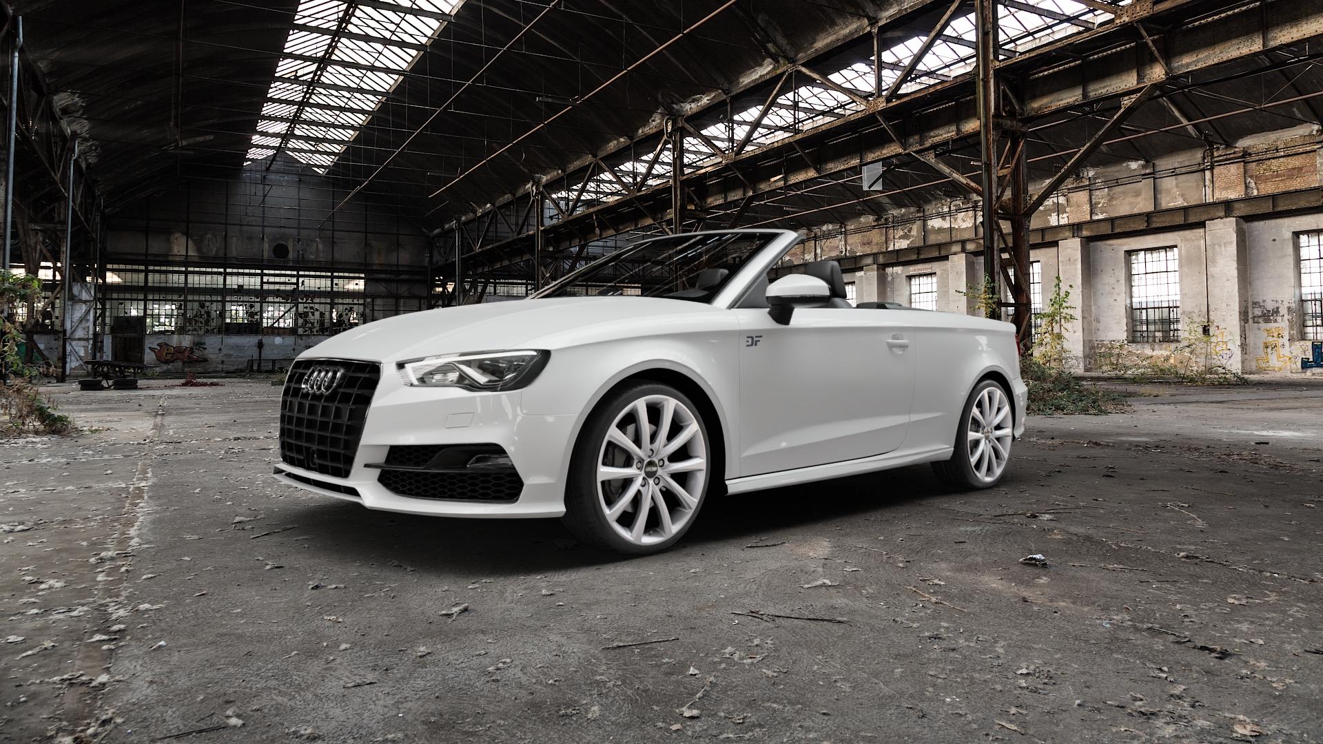 OXXO Liberty silver Felge mit Reifen silber in 19Zoll Winterfelge Alufelge auf weissem Audi A3 Typ 8V (Cabriolet) ⬇️ mit 15mm Tieferlegung ⬇️ Old Industrial Hall_max5000mm_2022 Frontansicht_1
