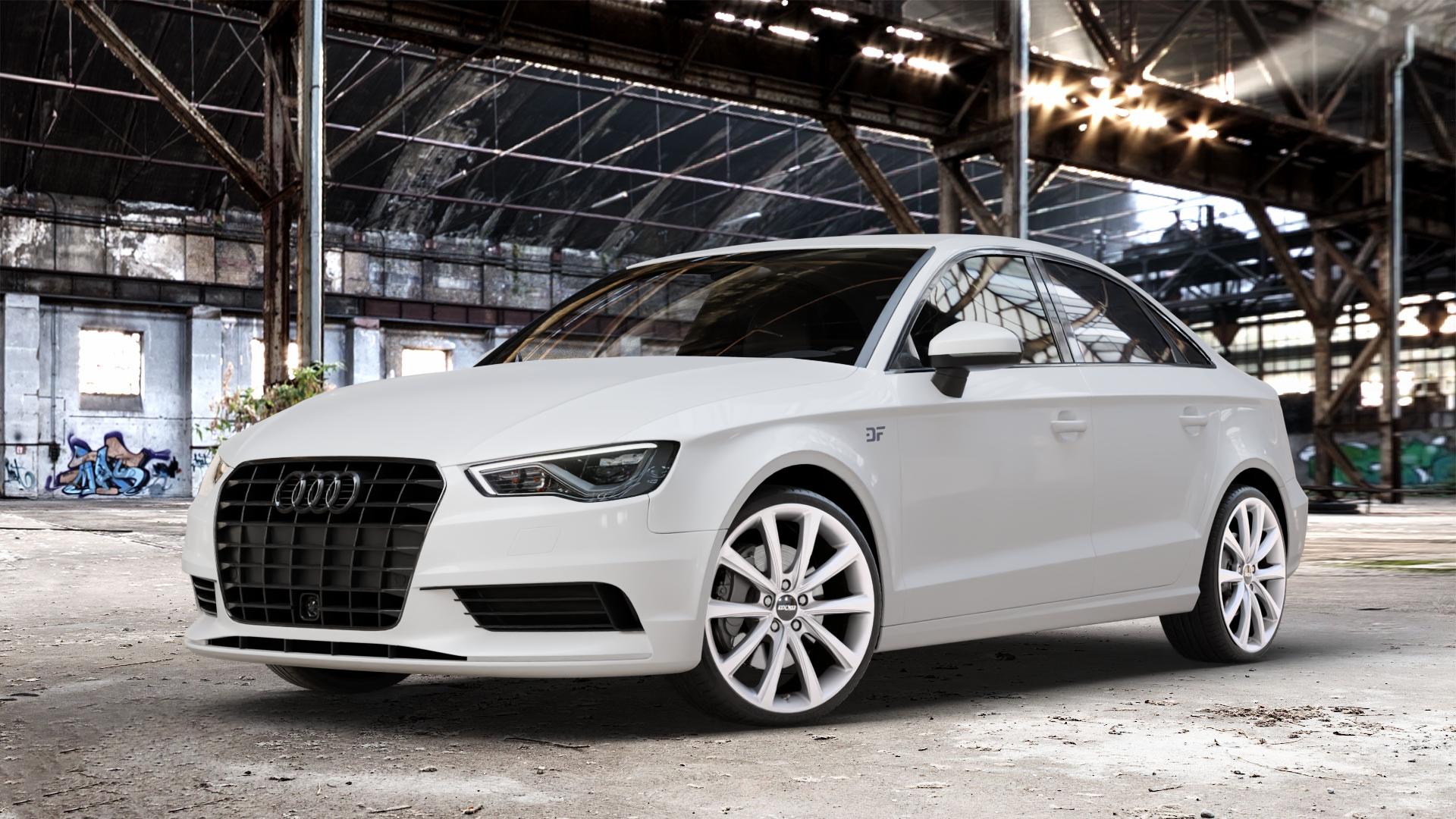OXXO Liberty silver Felge mit Reifen silber in 19Zoll Winterfelge Alufelge auf weissem Audi A3 Typ 8V (Limousine) ⬇️ mit 15mm Tieferlegung ⬇️ Old Industrial Hall_max_4400mm_2024 Frontansicht_1