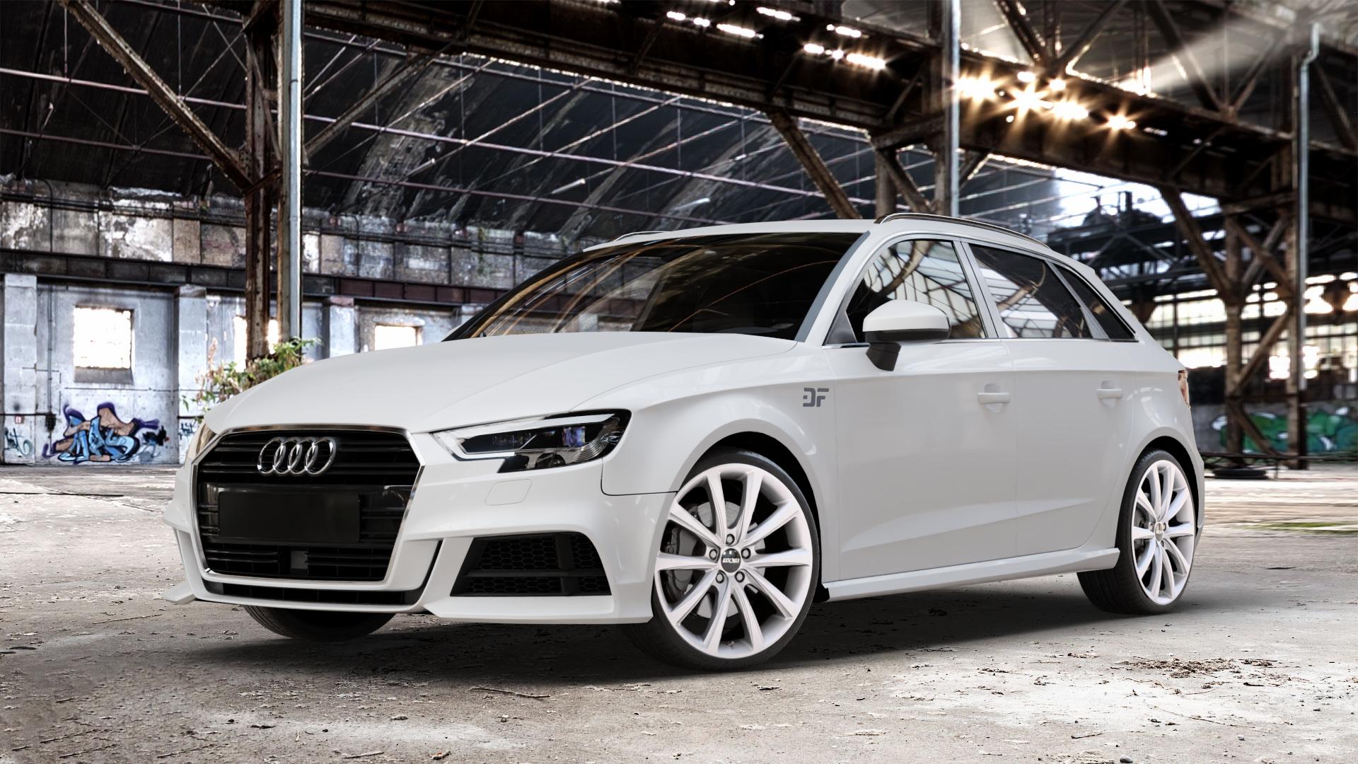 OXXO Liberty silver Felge mit Reifen silber in 19Zoll Winterfelge Alufelge auf weissem Audi A3 Typ 8V (Sportback) Facelift ⬇️ mit 15mm Tieferlegung ⬇️ Old Industrial Hall_max_4400mm_2024 Frontansicht_1