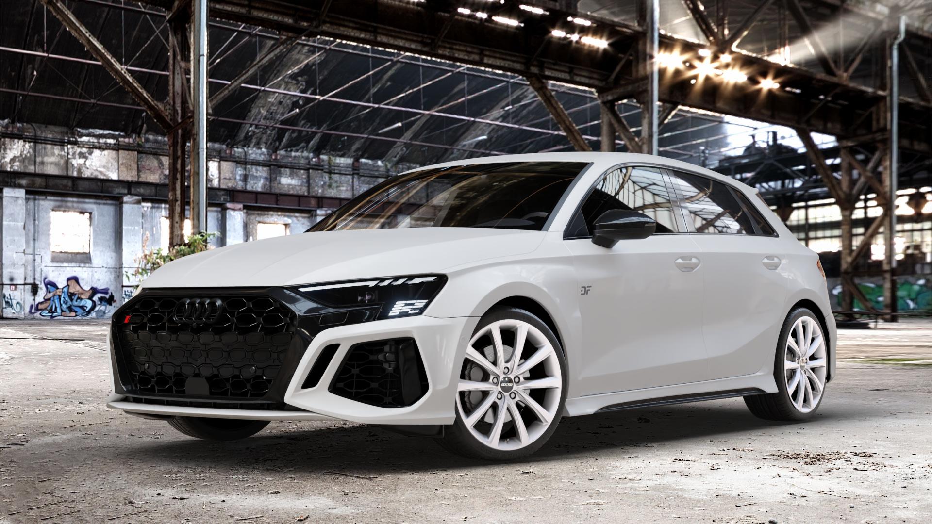 OXXO Liberty Silver Felge mit Reifen silber in 19Zoll Winterfelge Alufelge auf weissem Audi A3 Typ GY (Sportback) 2,5l TFSI quattro 294kW RS3 (400 PS) 299kW (407 ⬇️ mit 15mm Tieferlegung ⬇️ Old Industrial Hall_max_4400mm_2024 Frontansicht_1
