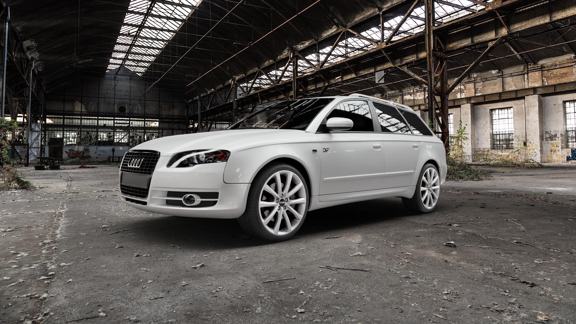 OXXO Liberty silver Felge mit Reifen silber in 19Zoll Winterfelge Alufelge auf weissem Audi A4 Typ 8ED/B7 (Avant) ⬇️ mit 15mm Tieferlegung ⬇️ Old Industrial Hall_max5000mm_2022 Frontansicht_1