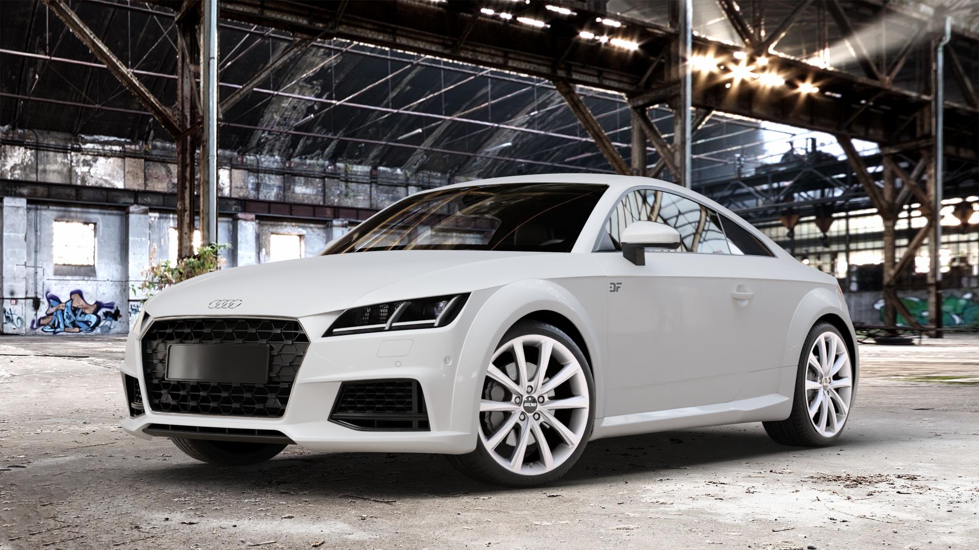 OXXO Liberty silver Felge mit Reifen silber in 19Zoll Winterfelge Alufelge auf weissem Audi TT III Typ 8S Facelift (Coupé) (Roadster) ⬇️ mit 15mm Tieferlegung ⬇️ Old Industrial Hall_max_4400mm_2024 Frontansicht_1