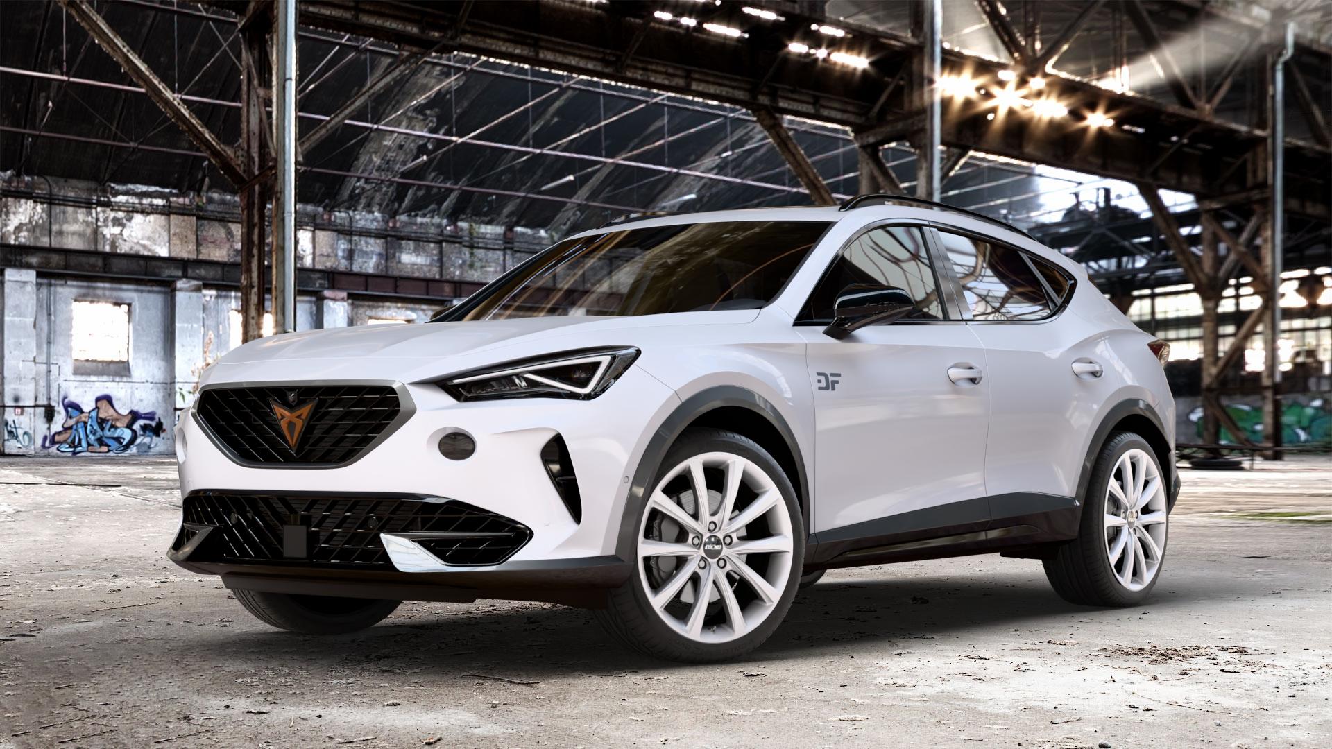 OXXO Liberty silver Felge mit Reifen silber in 19Zoll Winterfelge Alufelge auf weissem Cupra Formentor Typ KM ⬇️ mit 15mm Tieferlegung ⬇️ Old Industrial Hall_max_4400mm_2024 Frontansicht_1