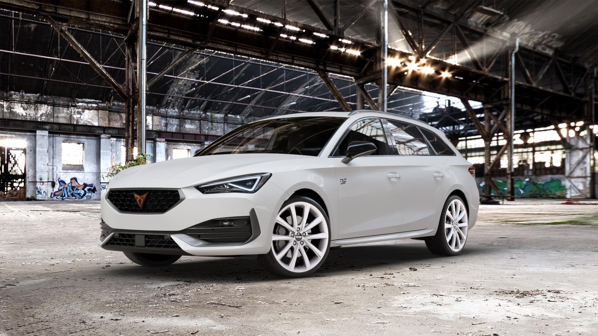 OXXO Liberty silver Felge mit Reifen silber in 19Zoll Winterfelge Alufelge auf weissem Cupra Leon Typ KL ST ⬇️ mit 15mm Tieferlegung ⬇️ Old Industrial Hall_max_5300mm_2024 Frontansicht_1