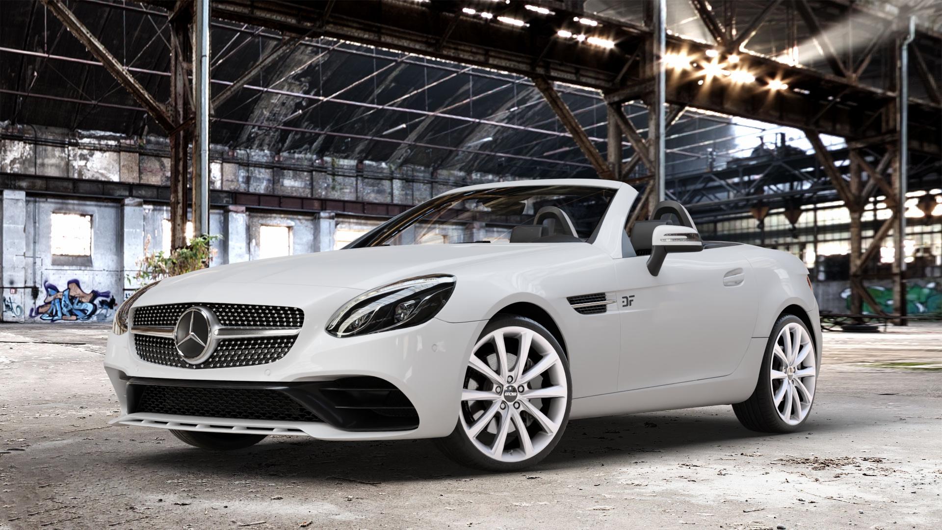 OXXO Liberty silver Felge mit Reifen silber in 19Zoll Winterfelge Alufelge auf weissem Mercedes SLK Typ R172 ⬇️ mit 15mm Tieferlegung ⬇️ Old Industrial Hall_max_4400mm_2024 Frontansicht_1
