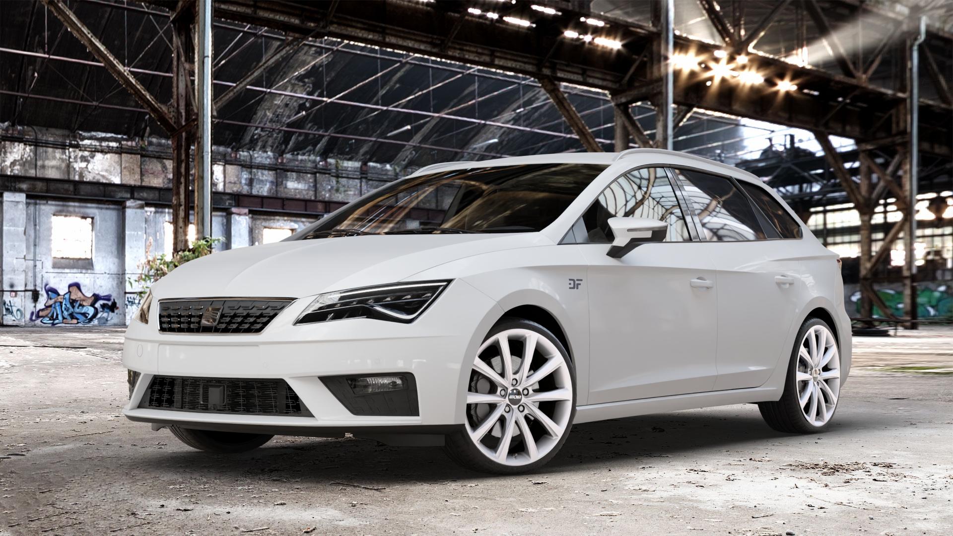 OXXO Liberty silver Felge mit Reifen silber in 19Zoll Winterfelge Alufelge auf weissem Seat Leon Typ 5F ST Facelift ⬇️ mit 15mm Tieferlegung ⬇️ Old Industrial Hall_max_4400mm_2024 Frontansicht_1