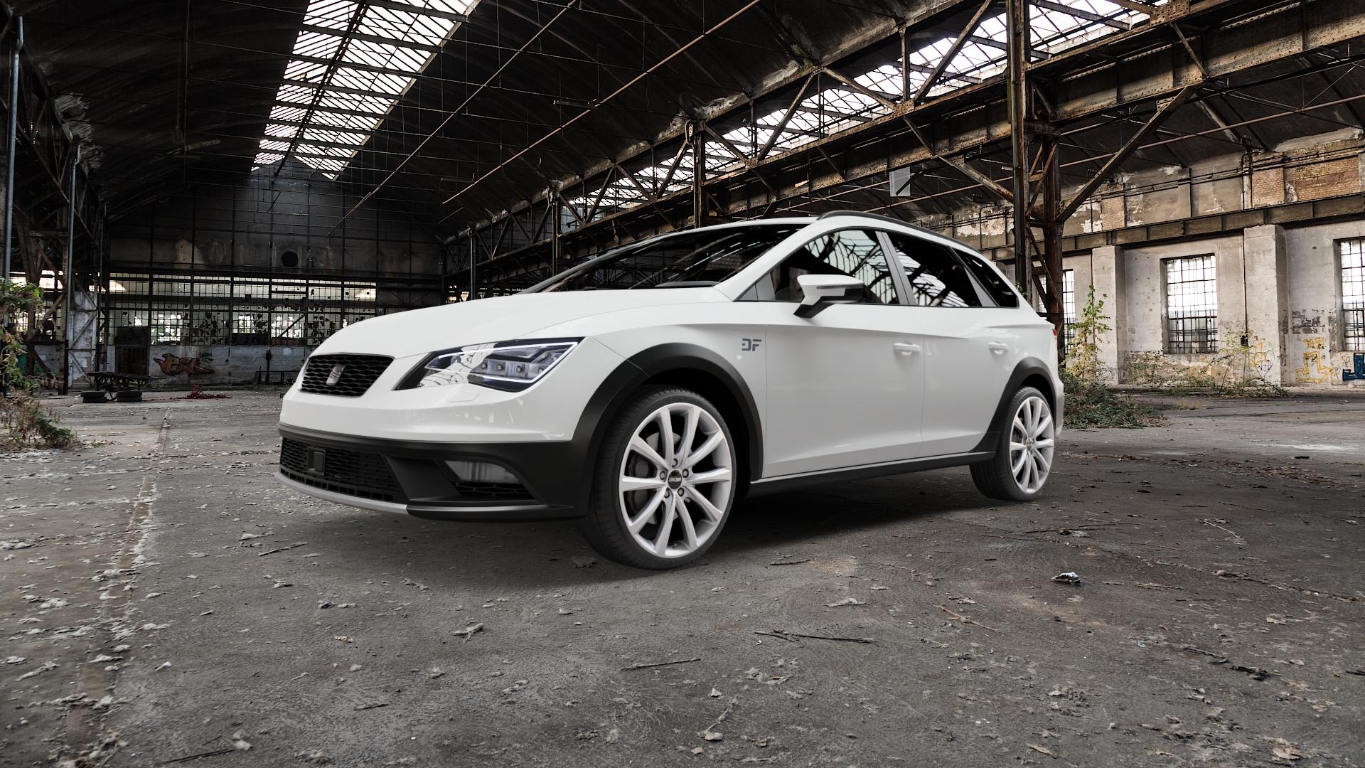 OXXO Liberty silver Felge mit Reifen silber in 19Zoll Winterfelge Alufelge auf weissem Seat Leon Typ 5F X-Perience ⬇️ mit 15mm Tieferlegung ⬇️ Old Industrial Hall_max5000mm_2022 Frontansicht_1