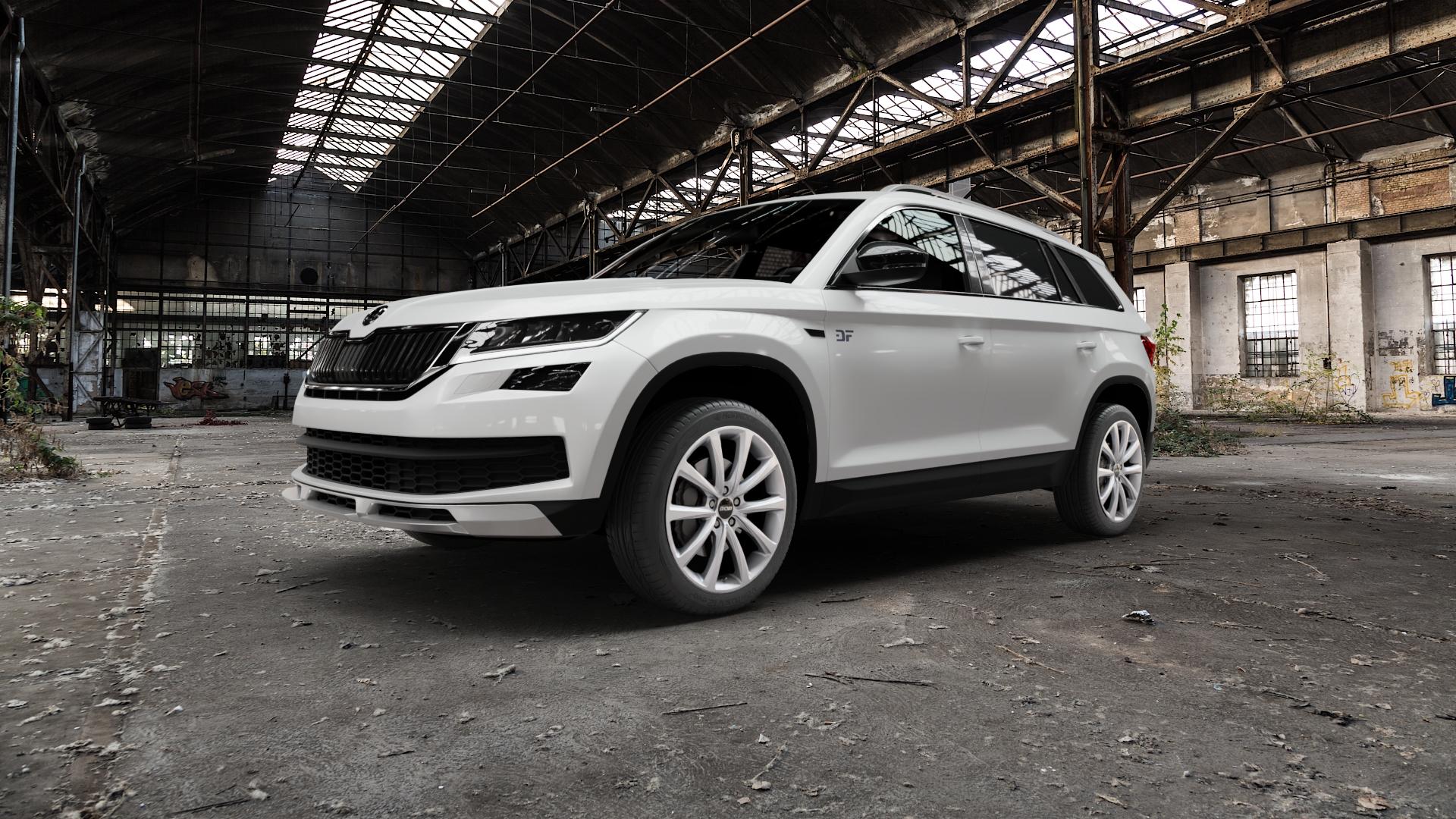 OXXO Liberty silver Felge mit Reifen silber in 19Zoll Winterfelge Alufelge auf weissem Skoda Kodiaq Scout Typ NS ⬇️ mit 15mm Tieferlegung ⬇️ Old Industrial Hall_max5000mm_2022 Frontansicht_1