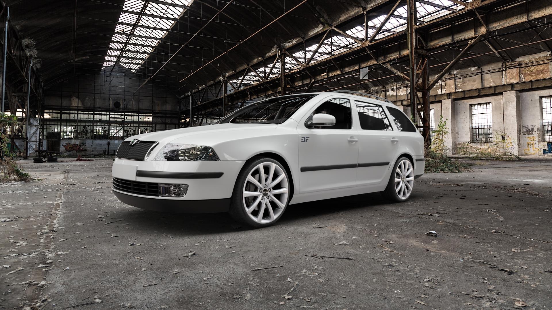 OXXO Liberty silver Felge mit Reifen silber in 19Zoll Winterfelge Alufelge auf weissem Skoda Octavia II Kombi Typ 1Z5 1,6l FSI 85kW (116 PS) 2,0l 110kW (150 4x4 TDI 100kW (136 77kW (105 1,4l 55kW (75 ⬇️ mit 15mm Tieferlegung ⬇️ Old Industrial Hall_max5000mm_2022 Frontansicht_1