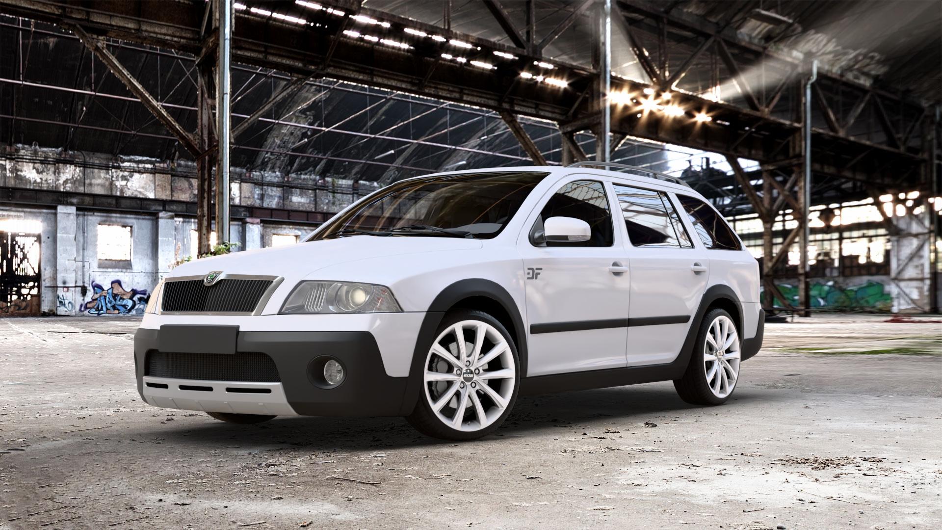 OXXO Liberty silver Felge mit Reifen silber in 19Zoll Winterfelge Alufelge auf weissem Skoda Octavia II Scout Typ 1Z ⬇️ mit 15mm Tieferlegung ⬇️ Old Industrial Hall_max_5300mm_2024 Frontansicht_1