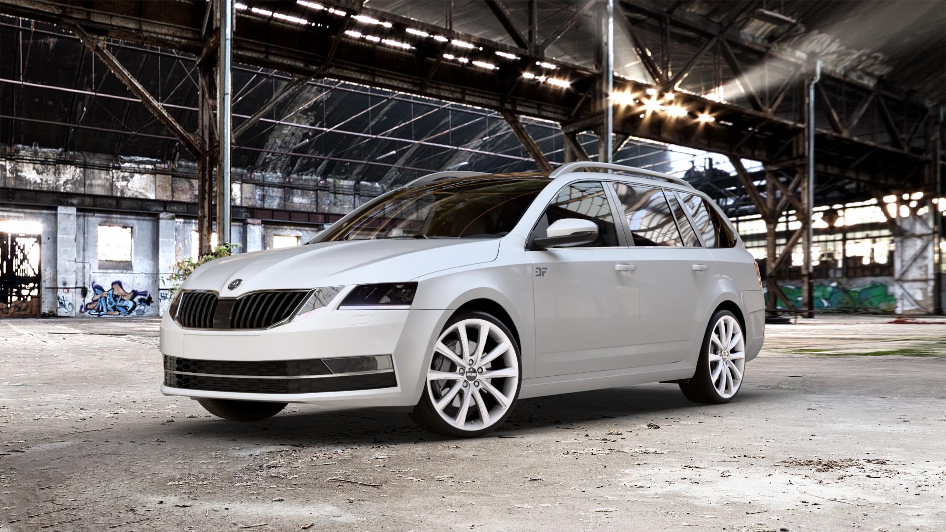 OXXO Liberty silver Felge mit Reifen silber in 19Zoll Winterfelge Alufelge auf weissem Skoda Octavia III Kombi Typ 5E Facelift ⬇️ mit 15mm Tieferlegung ⬇️ Old Industrial Hall_max_5300mm_2024 Frontansicht_1