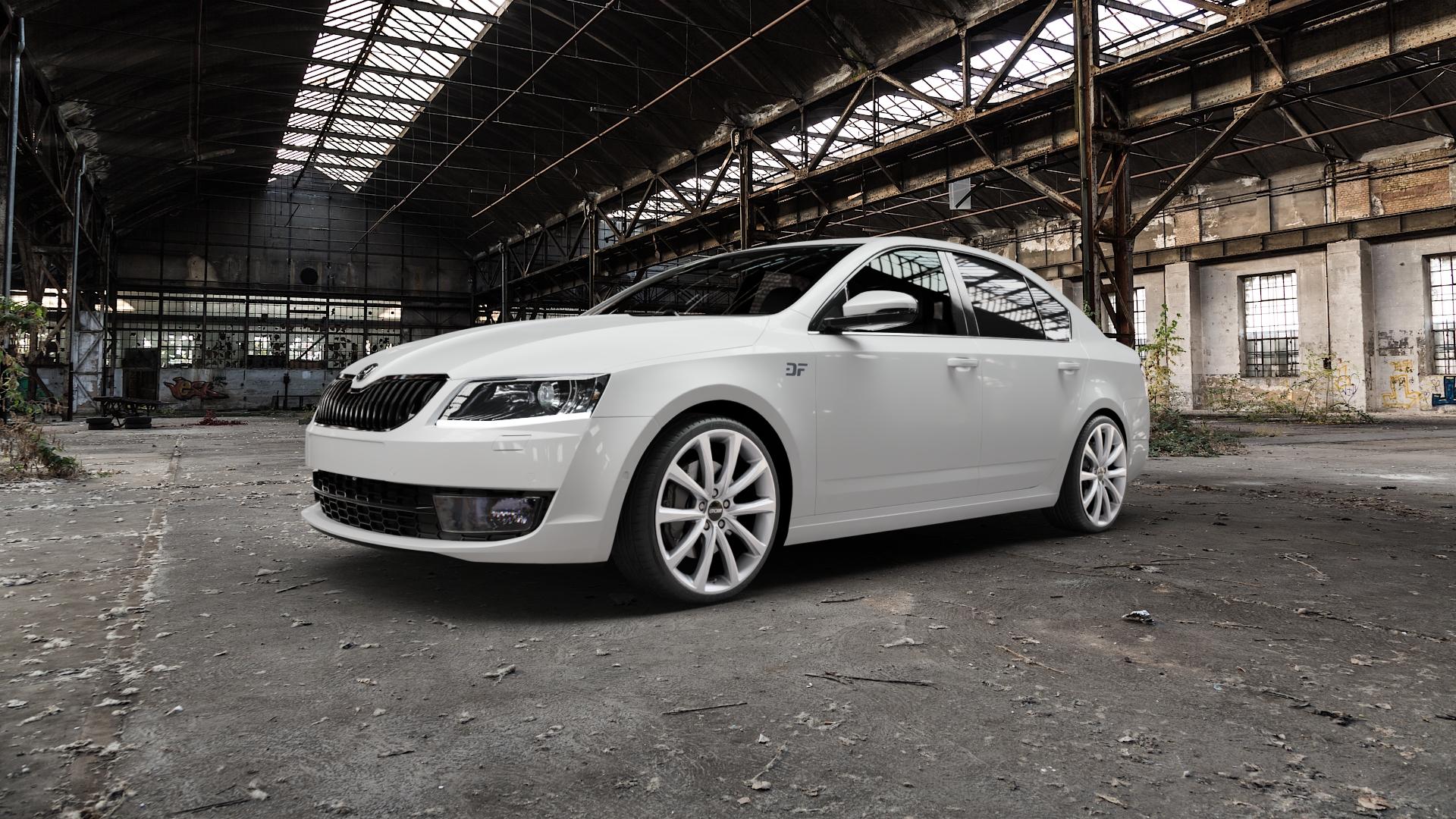 OXXO Liberty silver Felge mit Reifen silber in 19Zoll Winterfelge Alufelge auf weissem Skoda Octavia III Limousine Typ 5E ⬇️ mit 15mm Tieferlegung ⬇️ Old Industrial Hall_max5000mm_2022 Frontansicht_1