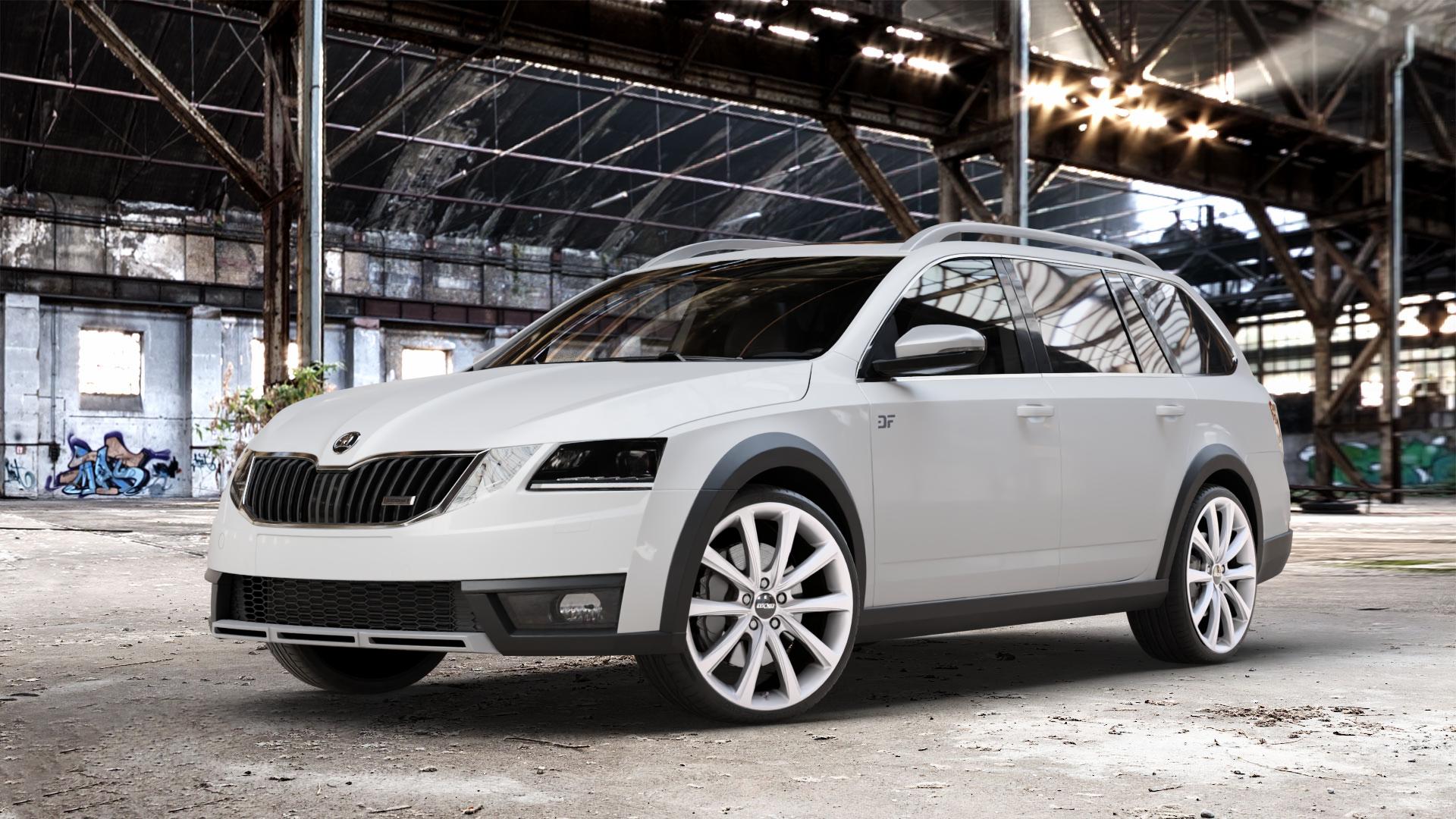 OXXO Liberty silver Felge mit Reifen silber in 19Zoll Winterfelge Alufelge auf weissem Skoda Octavia III Scout Typ 5E Facelift ⬇️ mit 15mm Tieferlegung ⬇️ Old Industrial Hall_max_4400mm_2024 Frontansicht_1