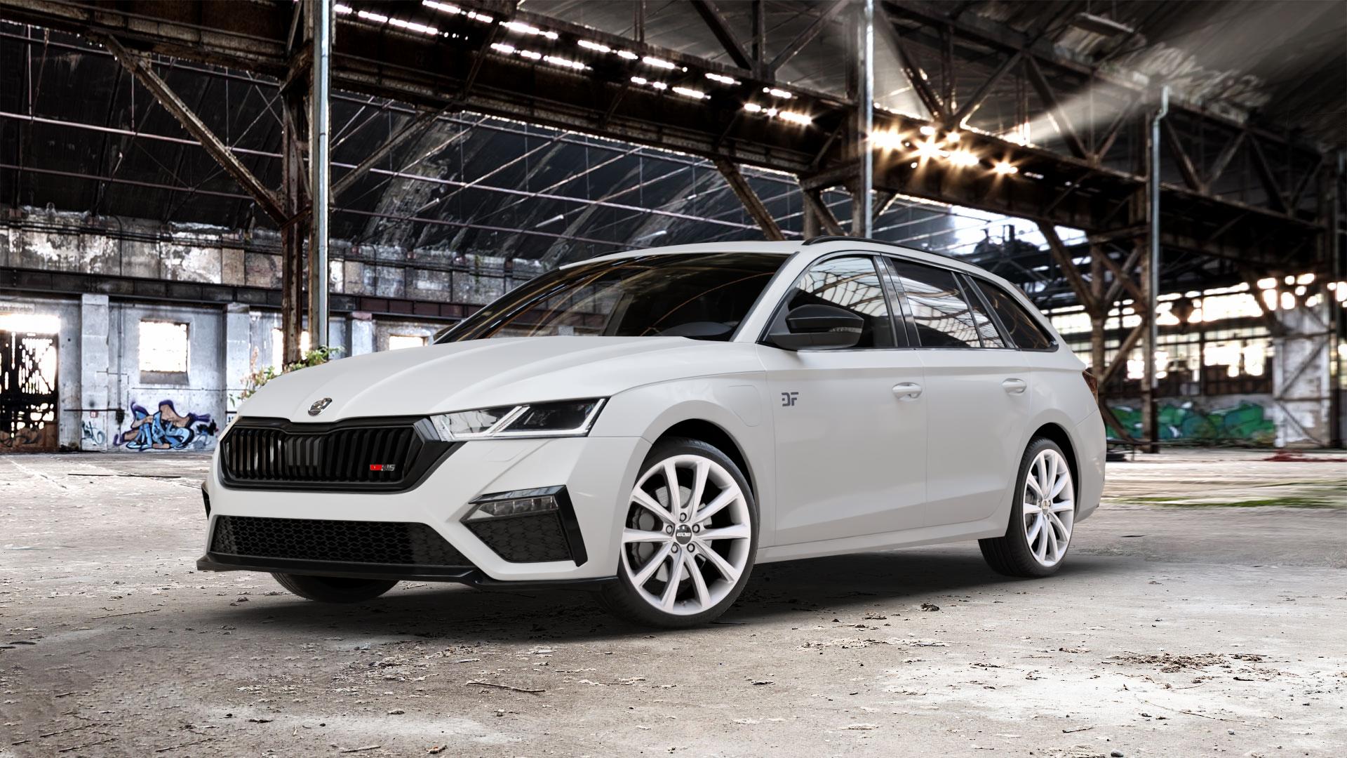 OXXO Liberty silver Felge mit Reifen silber in 19Zoll Winterfelge Alufelge auf weissem Skoda Octavia IV Kombi Typ NX 2,0l TDI 4x4 147kW (200 PS) 1,4l TSI 110kW Hybrid RS (150 180kW (245 ⬇️ mit 15mm Tieferlegung ⬇️ Old Industrial Hall_max_5300mm_2024 Frontansicht_1