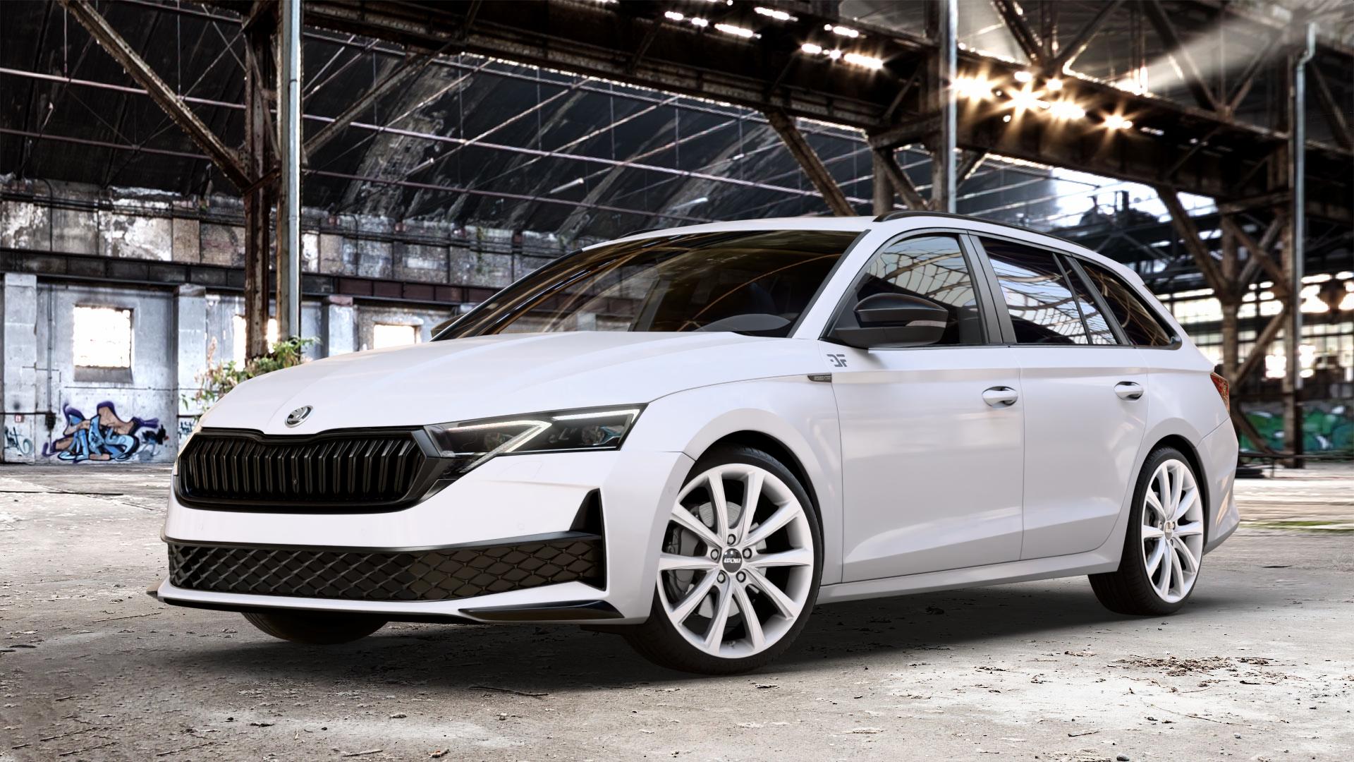 OXXO Liberty Silver Felge mit Reifen silber in 19Zoll Winterfelge Alufelge auf weissem Skoda Octavia IV Kombi Typ NX Facelift 1,5l TSI 85kW (116 PS) Mild-Hybrid 110kW (150 2,0l TDI ⬇️ mit 15mm Tieferlegung ⬇️ Old Industrial Hall_max_4400mm_2024 Frontansicht_1