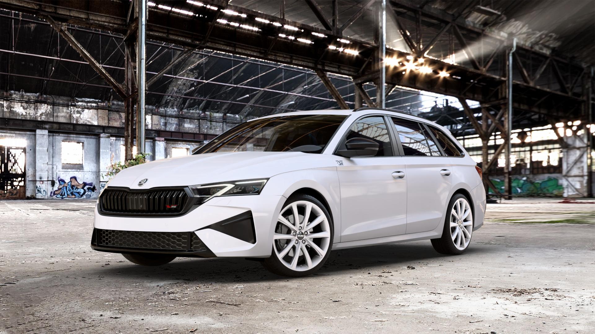 OXXO Liberty silver Felge mit Reifen silber in 19Zoll Winterfelge Alufelge auf weissem Skoda Octavia IV Kombi Typ NX Facelift 2,0l TSI 195kW RS (265 PS) ⬇️ mit 15mm Tieferlegung ⬇️ Old Industrial Hall_max_5300mm_2024 Frontansicht_1