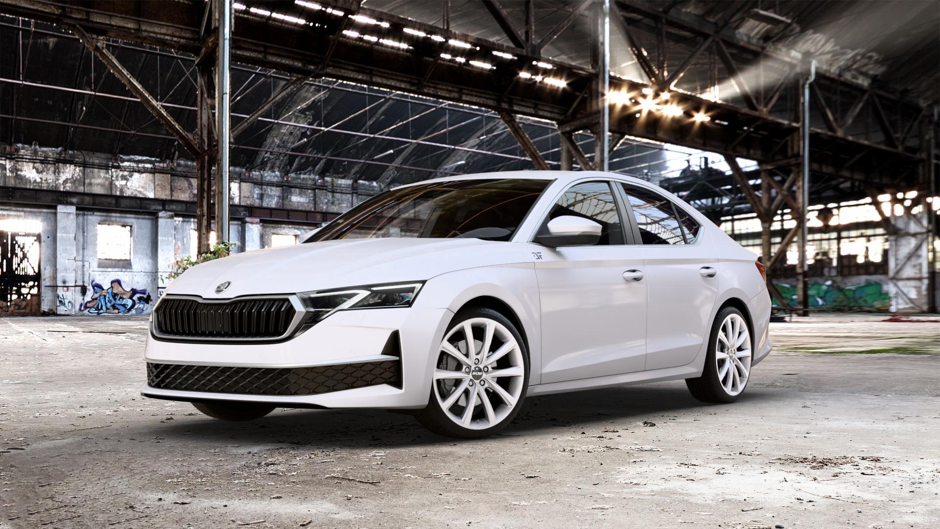 OXXO Liberty Silver Felge mit Reifen silber in 19Zoll Winterfelge Alufelge auf weissem Skoda Octavia IV Limousine Typ NX Facelift 1,5l TSI 85kW Mild-Hybrid (116 PS) 110kW (150 2,0l TDI ⬇️ mit 15mm Tieferlegung ⬇️ Old Industrial Hall_max_5300mm_2024 Frontansicht_1