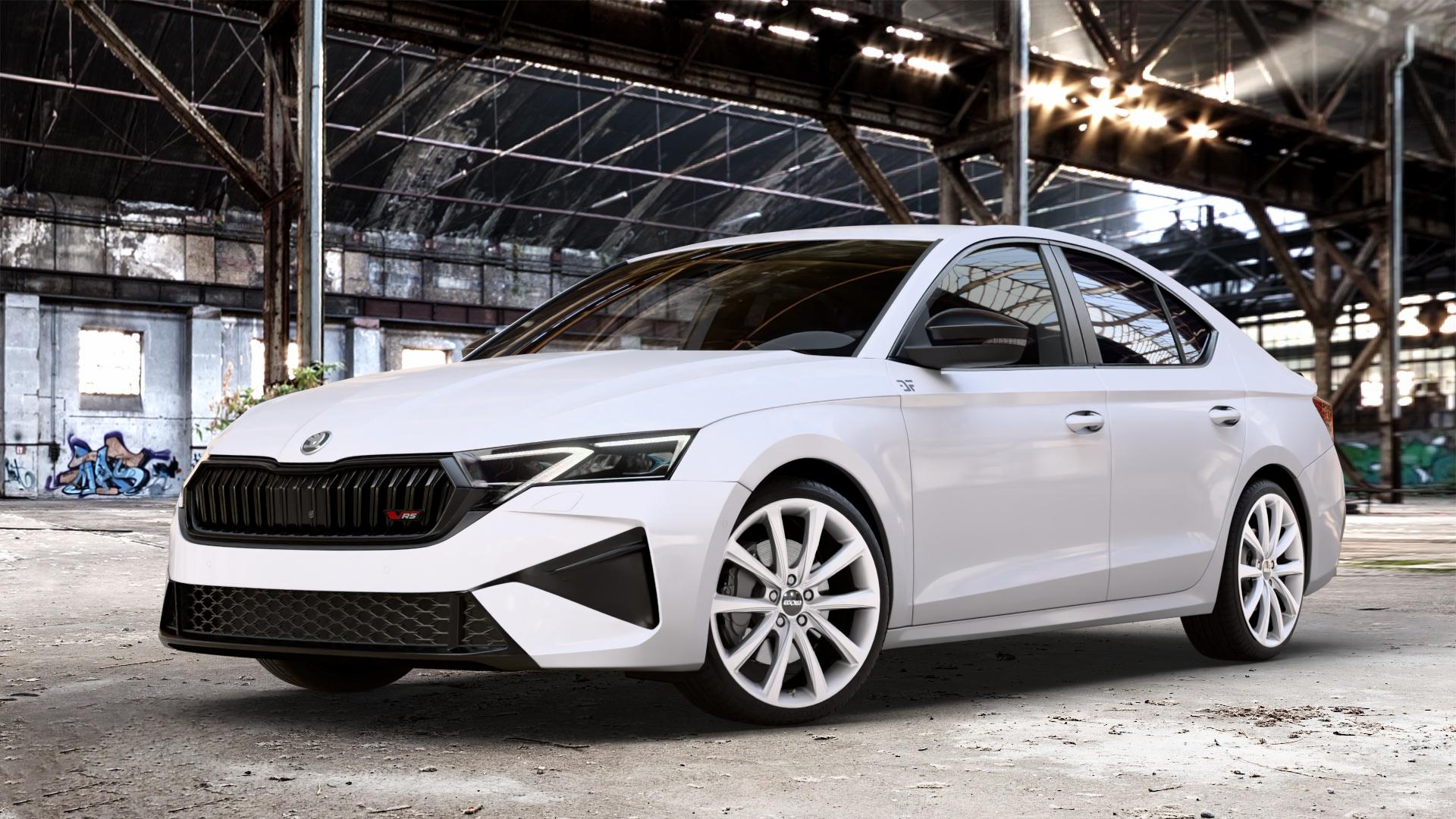 OXXO Liberty silver Felge mit Reifen silber in 19Zoll Winterfelge Alufelge auf weissem Skoda Octavia IV Limousine Typ NX Facelift 2,0l TSI 195kW RS (265 PS) ⬇️ mit 15mm Tieferlegung ⬇️ Old Industrial Hall_max_4400mm_2024 Frontansicht_1