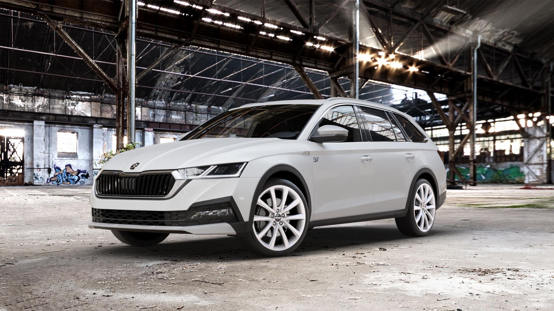 OXXO Liberty silver Felge mit Reifen silber in 19Zoll Winterfelge Alufelge auf weissem Skoda Octavia IV Scout Typ NX ⬇️ mit 15mm Tieferlegung ⬇️ Old Industrial Hall_max_5300mm_2024 Frontansicht_1