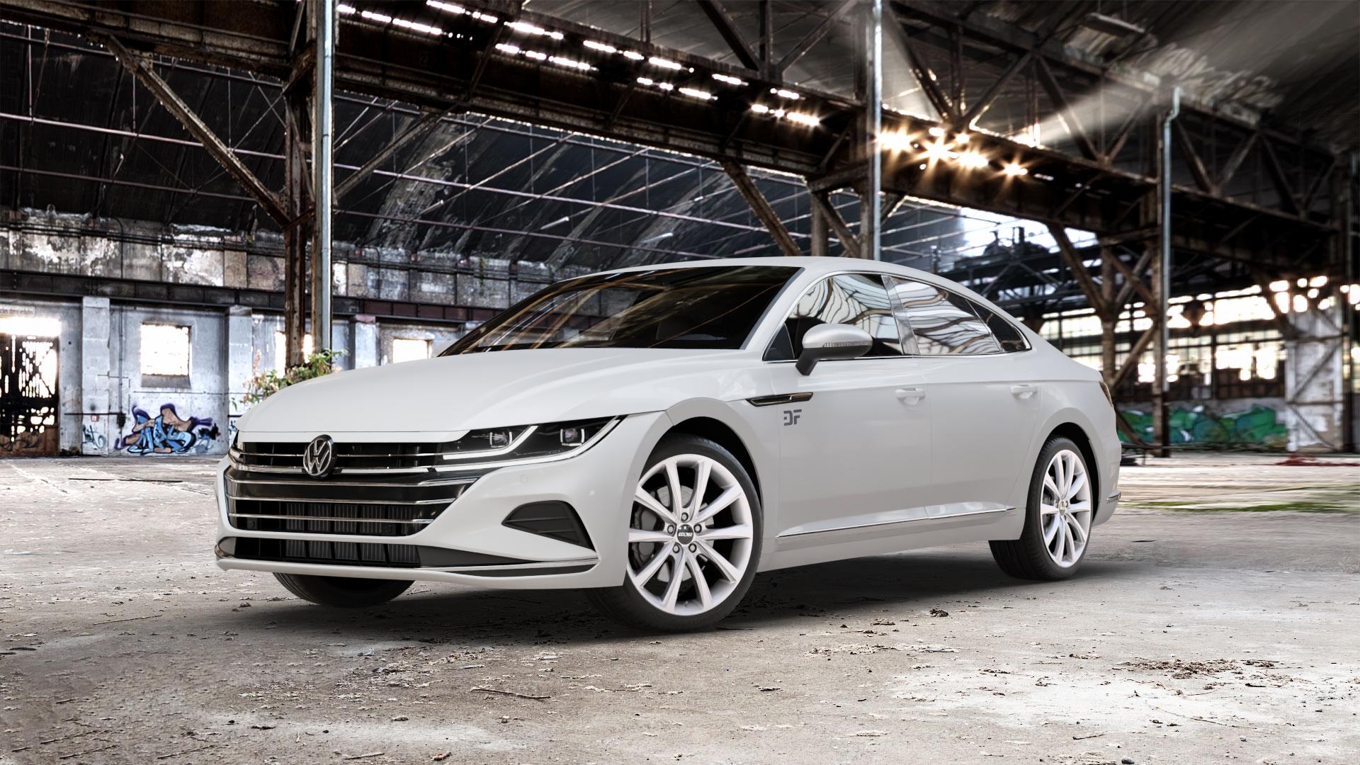 OXXO Liberty silver Felge mit Reifen silber in 19Zoll Winterfelge Alufelge auf weissem Volkswagen (VW) Arteon Typ 3H Facelift ⬇️ mit 15mm Tieferlegung ⬇️ Old Industrial Hall_max_5300mm_2024 Frontansicht_1