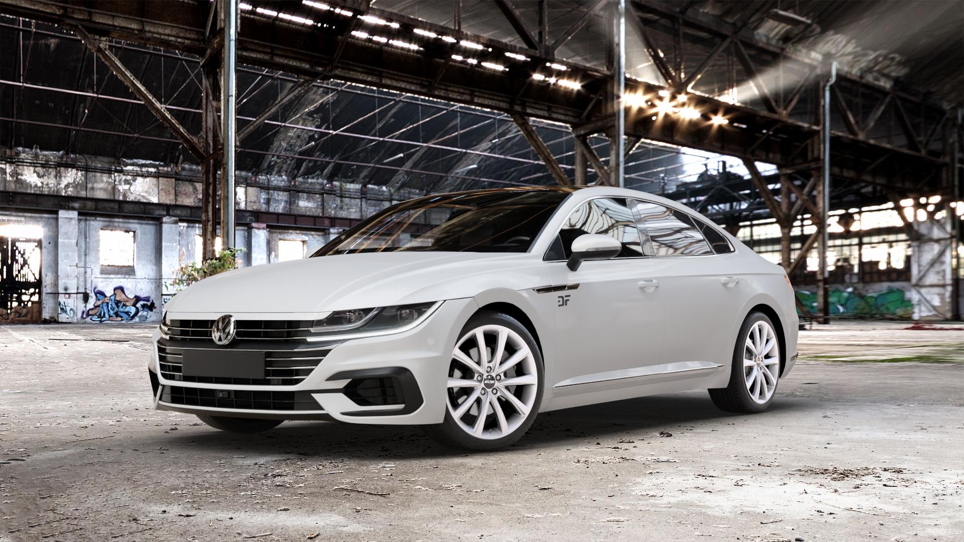 OXXO Liberty silver Felge mit Reifen silber in 19Zoll Winterfelge Alufelge auf weissem Volkswagen (VW) Arteon Typ 3H ⬇️ mit 15mm Tieferlegung ⬇️ Old Industrial Hall_max_5300mm_2024 Frontansicht_1