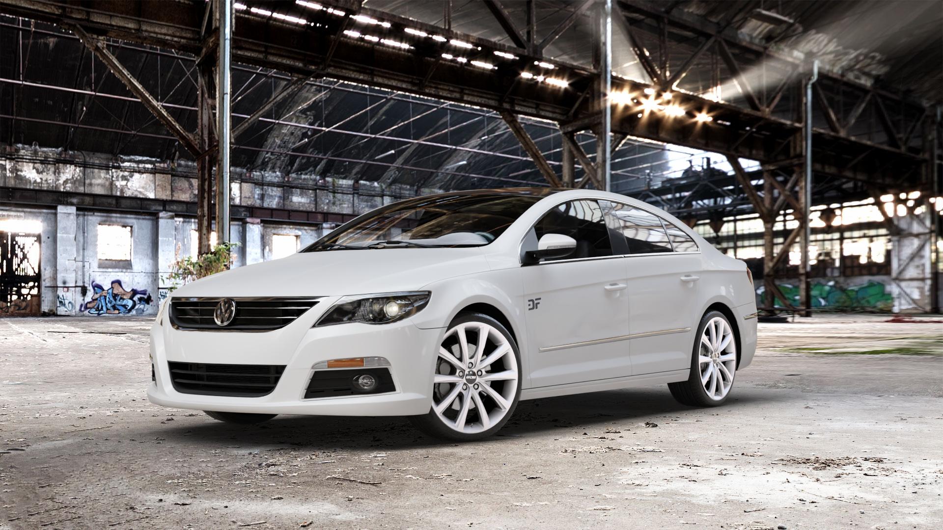 OXXO Liberty silver Felge mit Reifen silber in 19Zoll Winterfelge Alufelge auf weissem Volkswagen (VW) CC I ⬇️ mit 15mm Tieferlegung ⬇️ Old Industrial Hall_max_5300mm_2024 Frontansicht_1