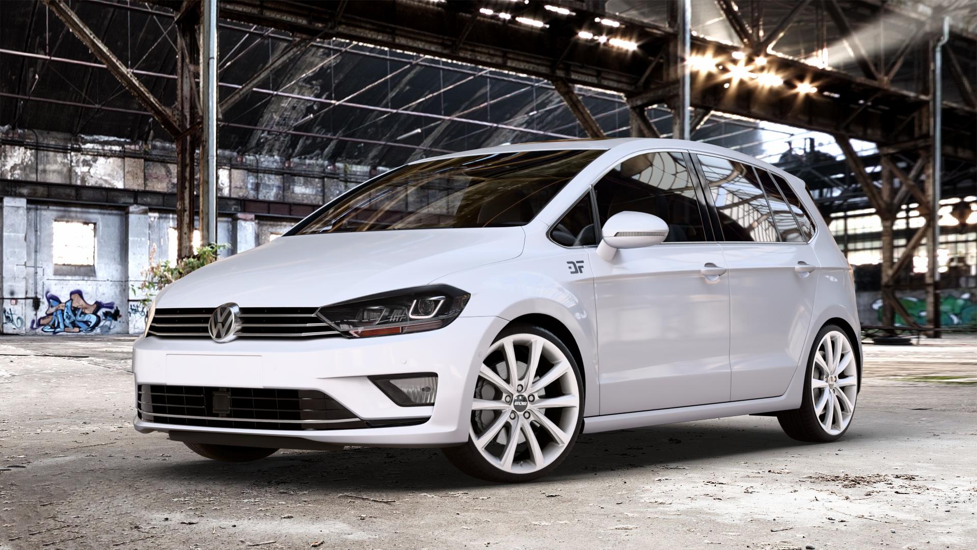 OXXO Liberty silver Felge mit Reifen silber in 19Zoll Winterfelge Alufelge auf weissem Volkswagen (VW) Golf 7 Sportsvan Facelift ⬇️ mit 15mm Tieferlegung ⬇️ Old Industrial Hall_max_4400mm_2024 Frontansicht_1