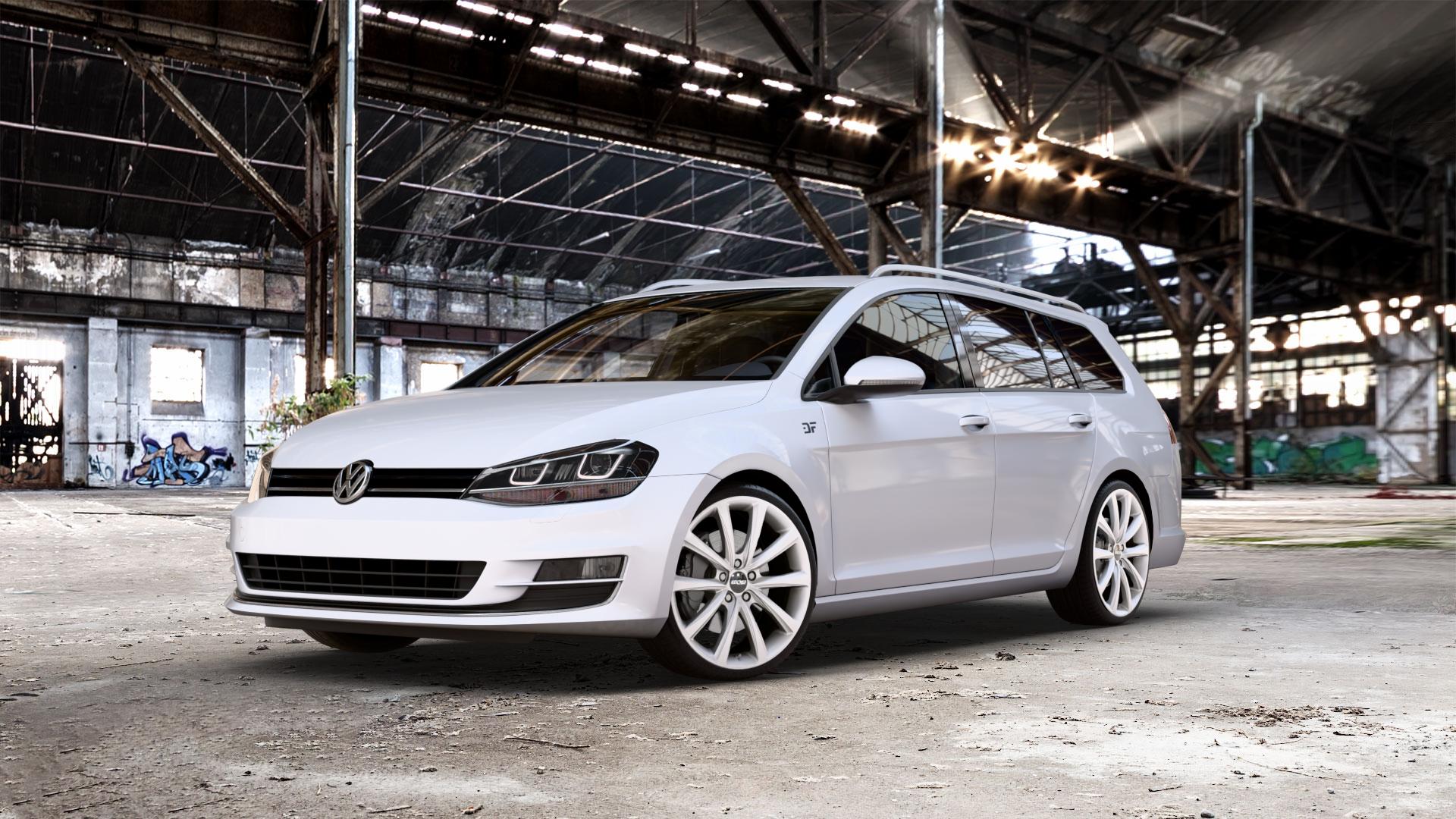 OXXO Liberty silver Felge mit Reifen silber in 19Zoll Winterfelge Alufelge auf weissem Volkswagen (VW) Golf 7 Variant ⬇️ mit 15mm Tieferlegung ⬇️ Old Industrial Hall_max_5300mm_2024 Frontansicht_1