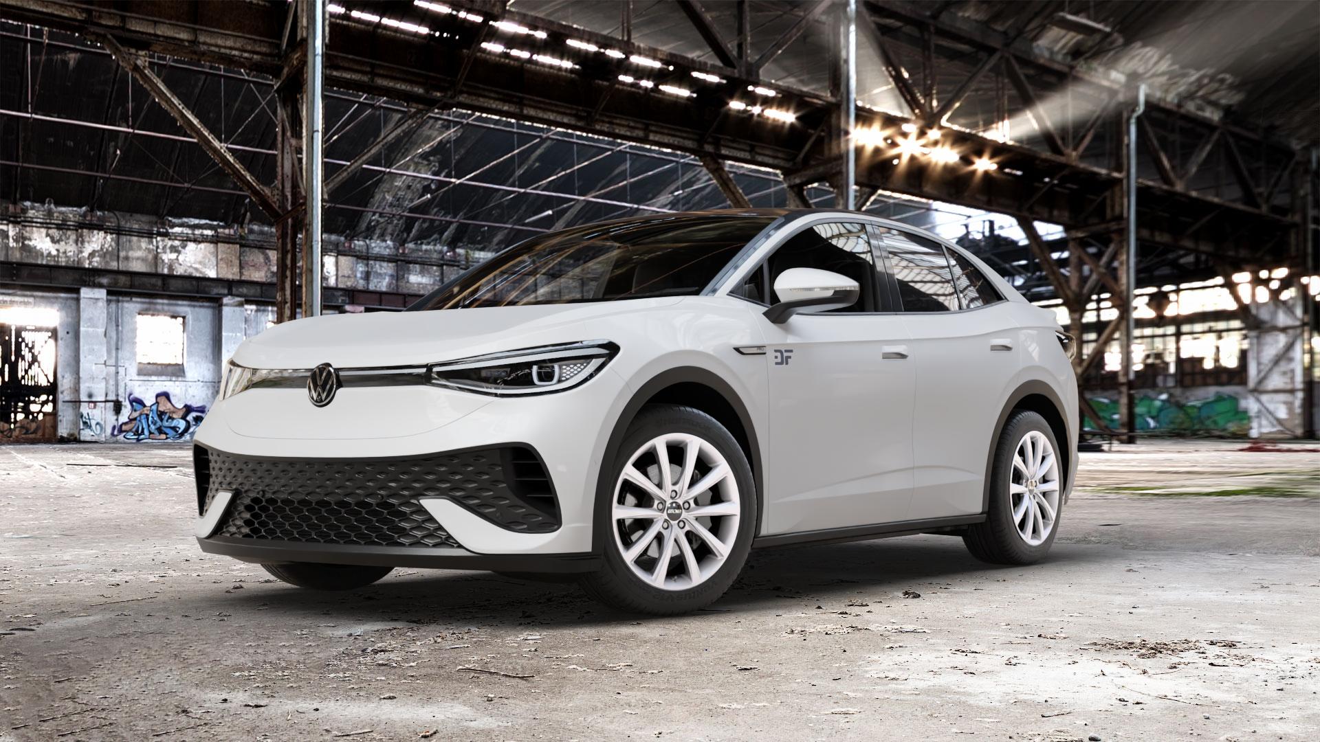 OXXO Liberty silver Felge mit Reifen silber in 19Zoll Winterfelge Alufelge auf weissem Volkswagen (VW) ID.5 0,0l 70kW PRO (150kW) (95 PS) (128kW) ⬇️ mit 15mm Tieferlegung ⬇️ Old Industrial Hall_max_5300mm_2024 Frontansicht_1