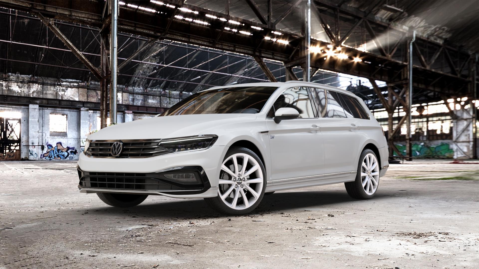 OXXO Liberty silver Felge mit Reifen silber in 19Zoll Winterfelge Alufelge auf weissem Volkswagen (VW) Passat 3C/B8 Variant Facelift ⬇️ mit 15mm Tieferlegung ⬇️ Old Industrial Hall_max_5300mm_2024 Frontansicht_1