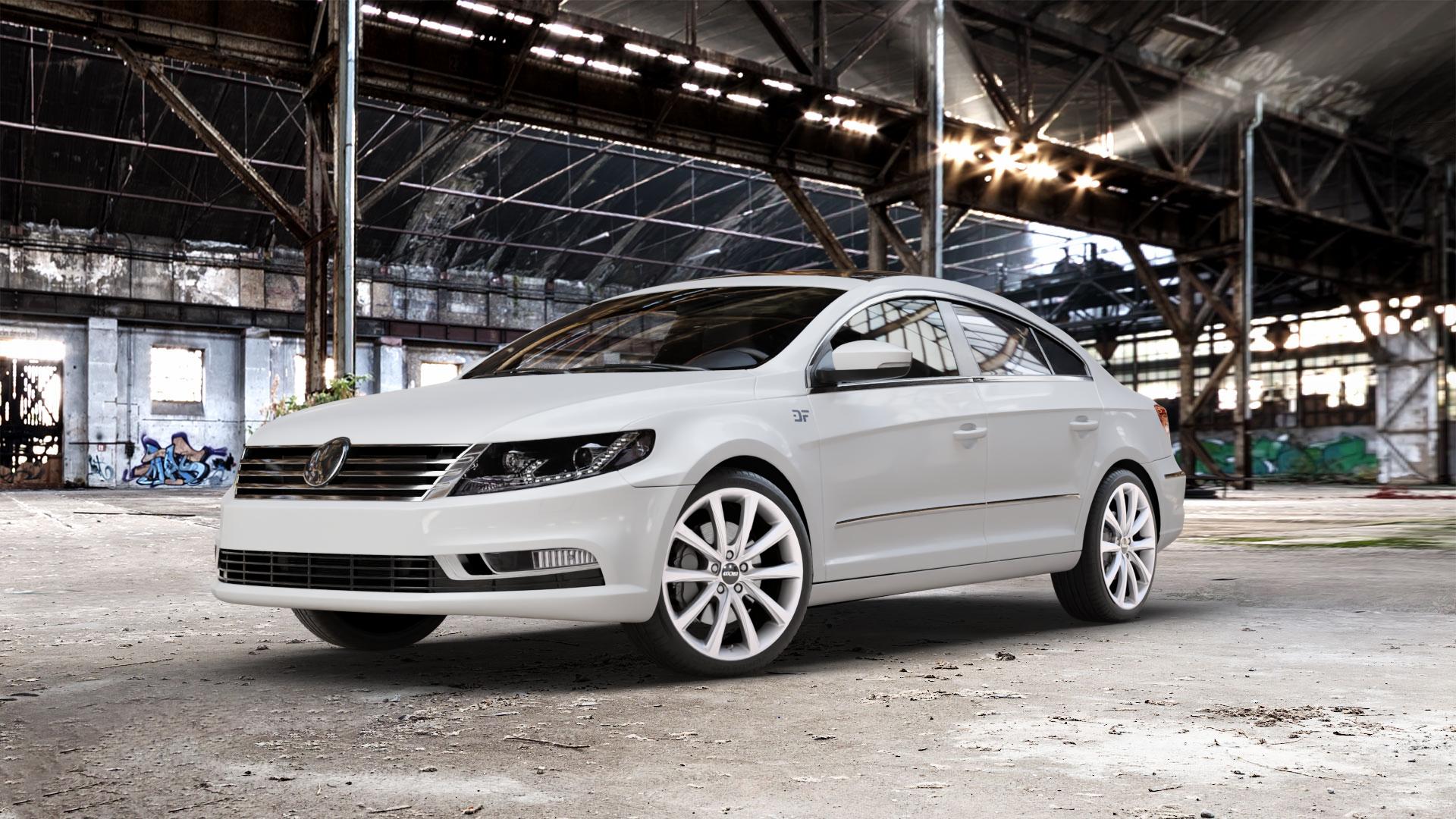 OXXO Liberty silver Felge mit Reifen silber in 19Zoll Winterfelge Alufelge auf weissem Volkswagen (VW) Passat CC II (15->) ⬇️ mit 15mm Tieferlegung ⬇️ Old Industrial Hall_max_5300mm_2024 Frontansicht_1