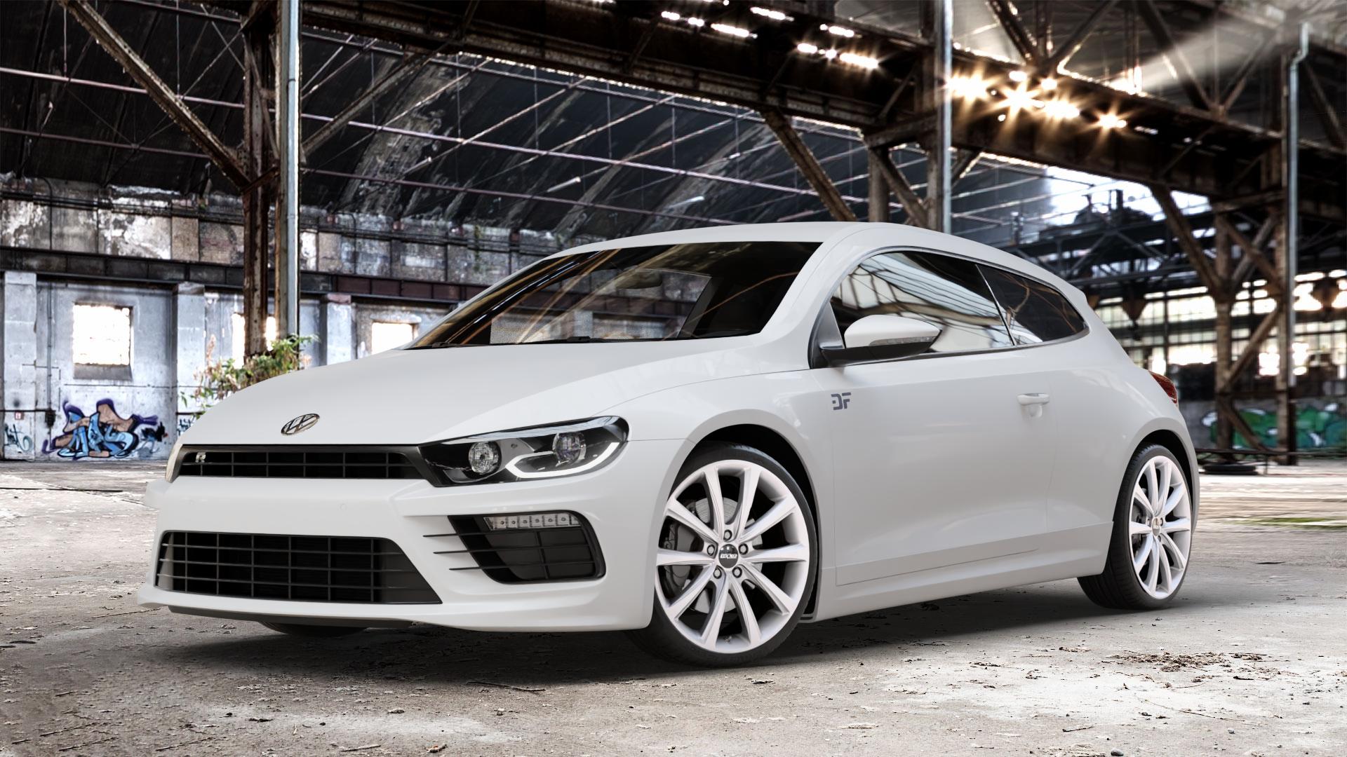 OXXO Liberty silver Felge mit Reifen silber in 19Zoll Winterfelge Alufelge auf weissem Volkswagen (VW) Scirocco III Typ 13 Facelift ⬇️ mit 15mm Tieferlegung ⬇️ Old Industrial Hall_max_4400mm_2024 Frontansicht_1