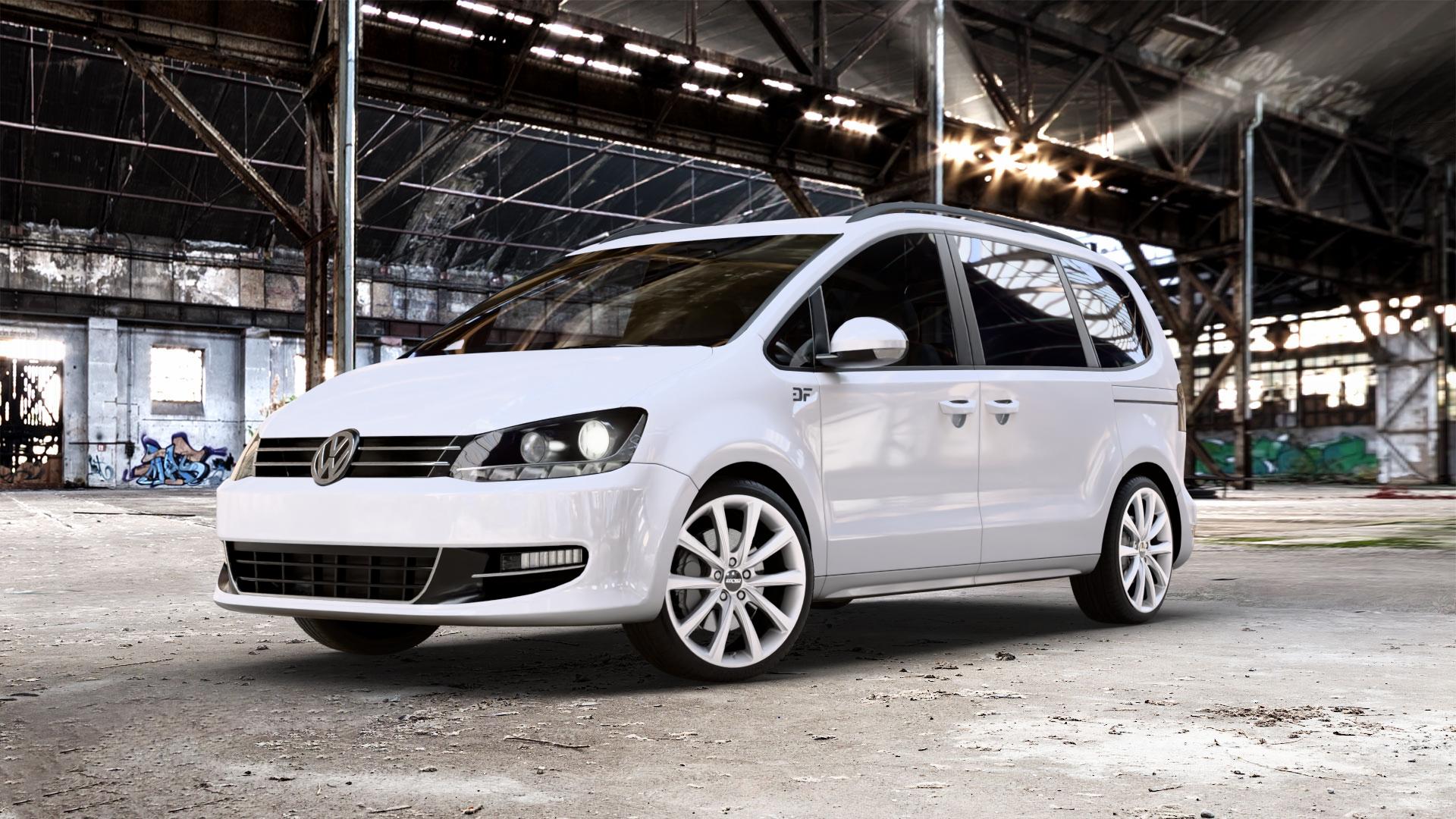OXXO Liberty silver Felge mit Reifen silber in 19Zoll Winterfelge Alufelge auf weissem Volkswagen (VW) Sharan I Typ 7M II 7N ⬇️ mit 15mm Tieferlegung ⬇️ Old Industrial Hall_max_5300mm_2024 Frontansicht_1