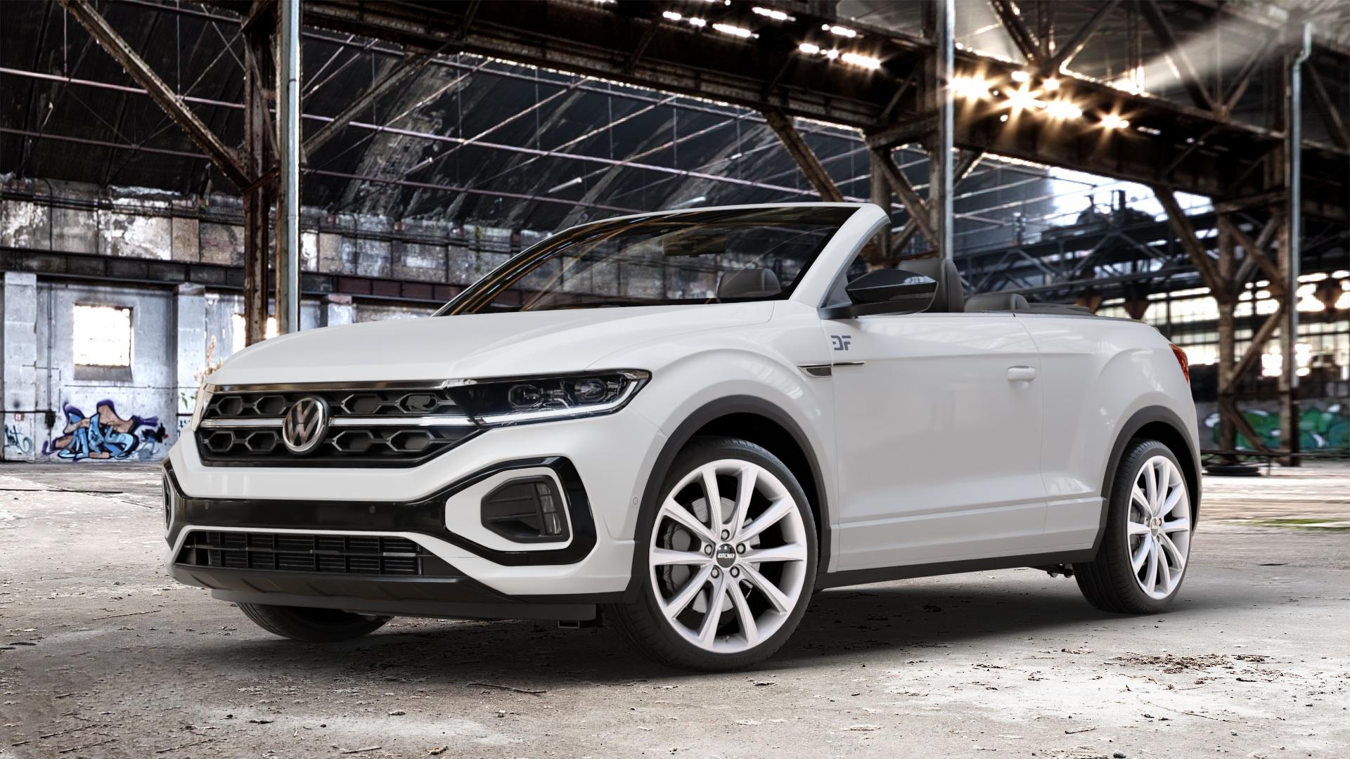 OXXO Liberty silver Felge mit Reifen silber in 19Zoll Winterfelge Alufelge auf weissem Volkswagen (VW) T-Roc Cabrio Facelift ⬇️ mit 15mm Tieferlegung ⬇️ Old Industrial Hall_max_4400mm_2024 Frontansicht_1