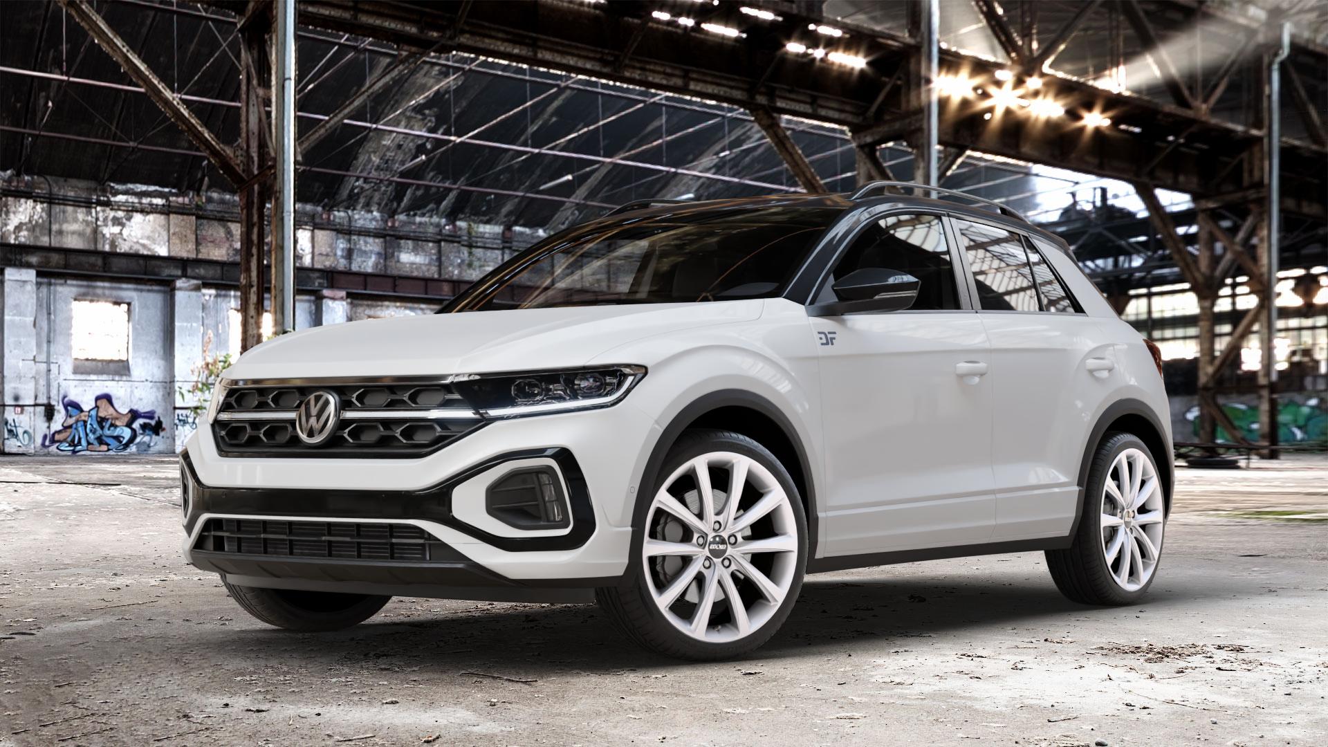 OXXO Liberty silver Felge mit Reifen silber in 19Zoll Winterfelge Alufelge auf weissem Volkswagen (VW) T-Roc Facelift ⬇️ mit 15mm Tieferlegung ⬇️ Old Industrial Hall_max_4400mm_2024 Frontansicht_1