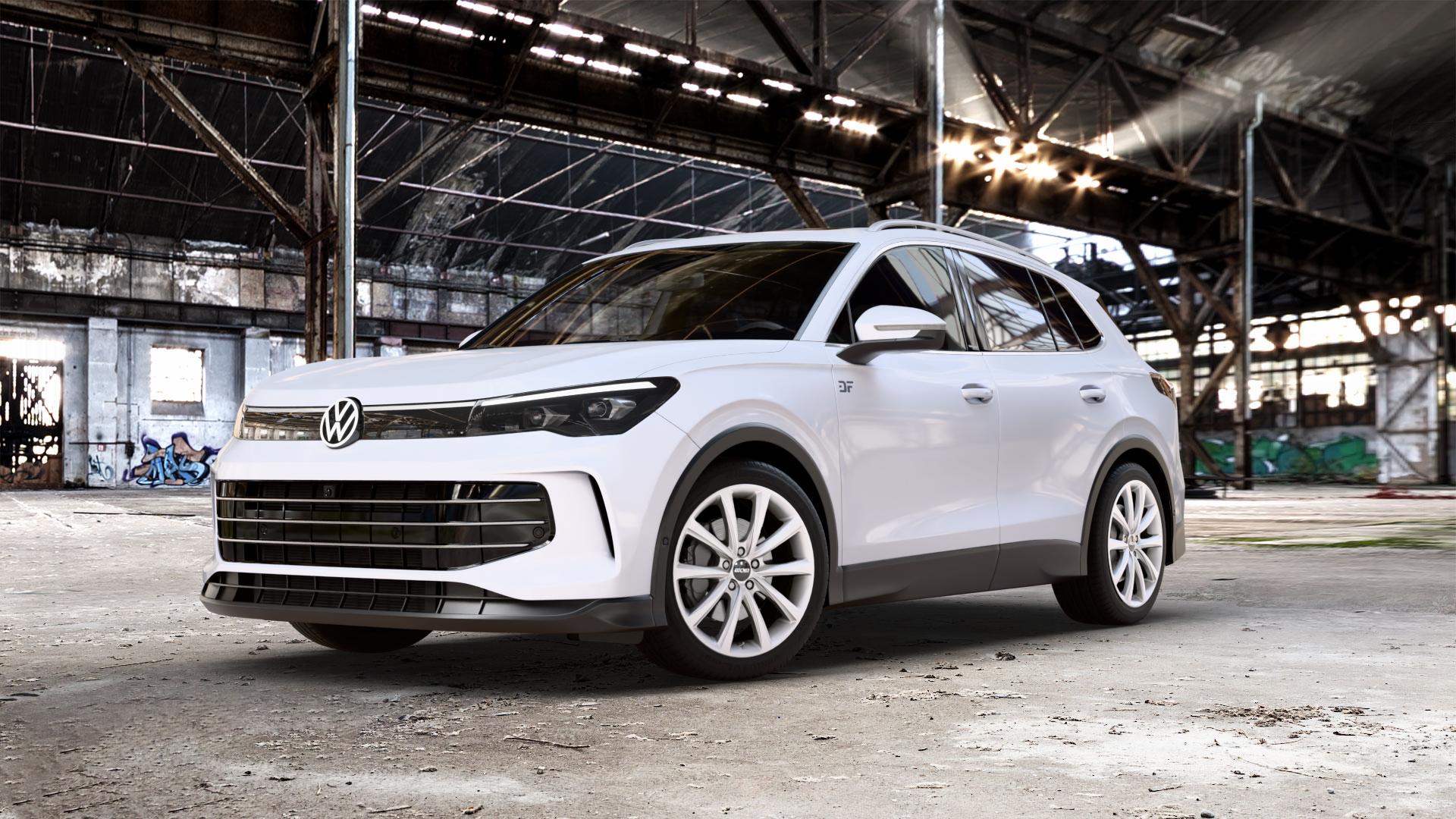 OXXO Liberty silver Felge mit Reifen silber in 19Zoll Winterfelge Alufelge auf weissem Volkswagen (VW) Tiguan III Typ CT ⬇️ mit 15mm Tieferlegung ⬇️ Old Industrial Hall_max_5300mm_2024 Frontansicht_1